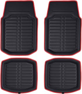 FH Group Automotive Floor Mats - PU Leather Floor Mats, Deep Dish Design, Floor Mats for Cars, Universal Fit Floor Mats Full Set, Floor Mats For Most Sedan, SUV, Truck Floor Mats Red Black