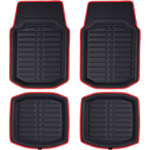 FH Group Automotive Floor Mats - PU Leather Floor Mats, Deep Dish Design, Floor Mats for Cars, Universal Fit Floor Mats Full Set, Floor Mats For Most Sedan, SUV, Truck Floor Mats Red Black