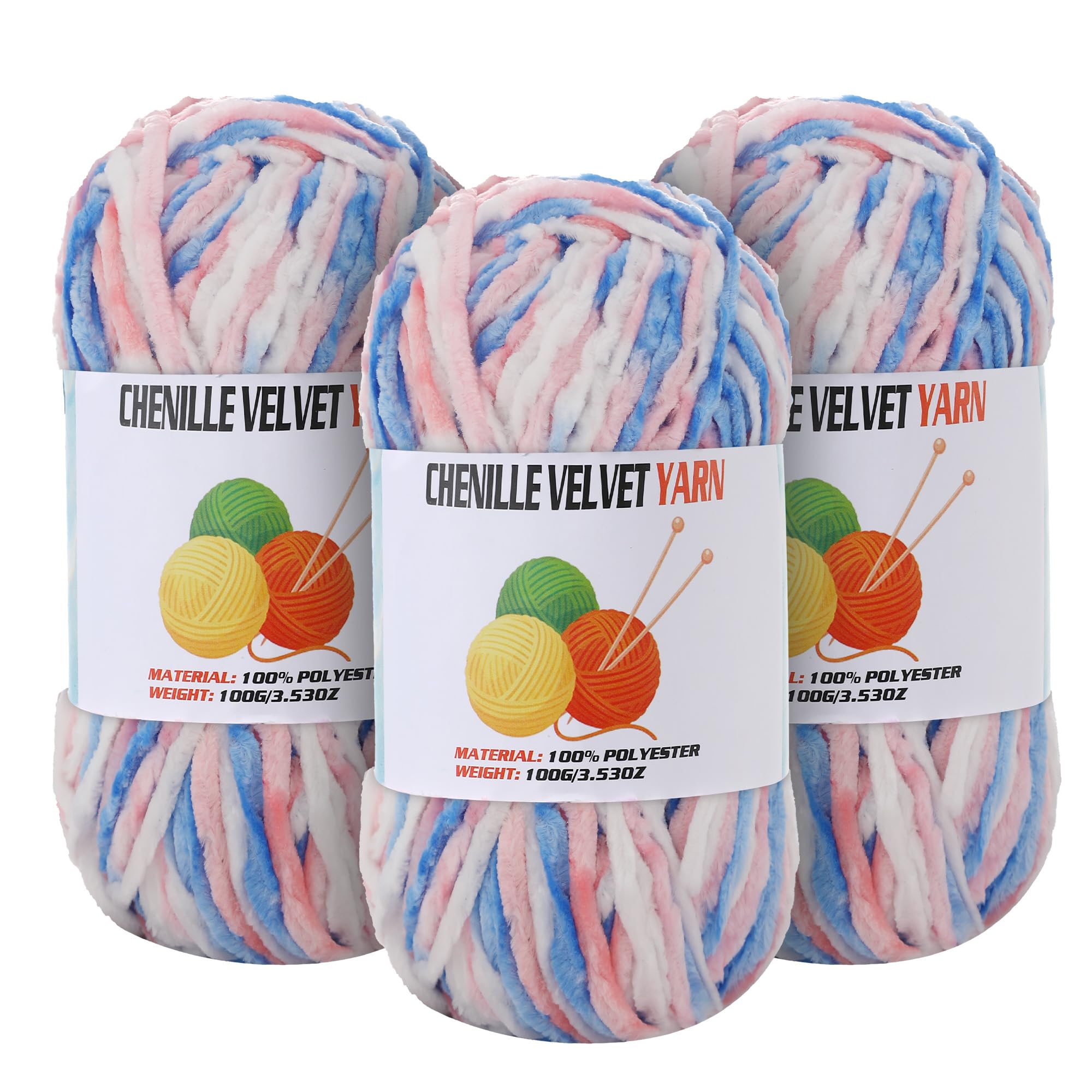 3 * 100g Velvet Chenille Chunky Yarn for Crocheting, Handcrafts Weaving Soft Chenille Yarn for Crocheting Clearance, Used for Making Baby Yarns Blanket, Clothes, Knitting Creations (Colorful - E)