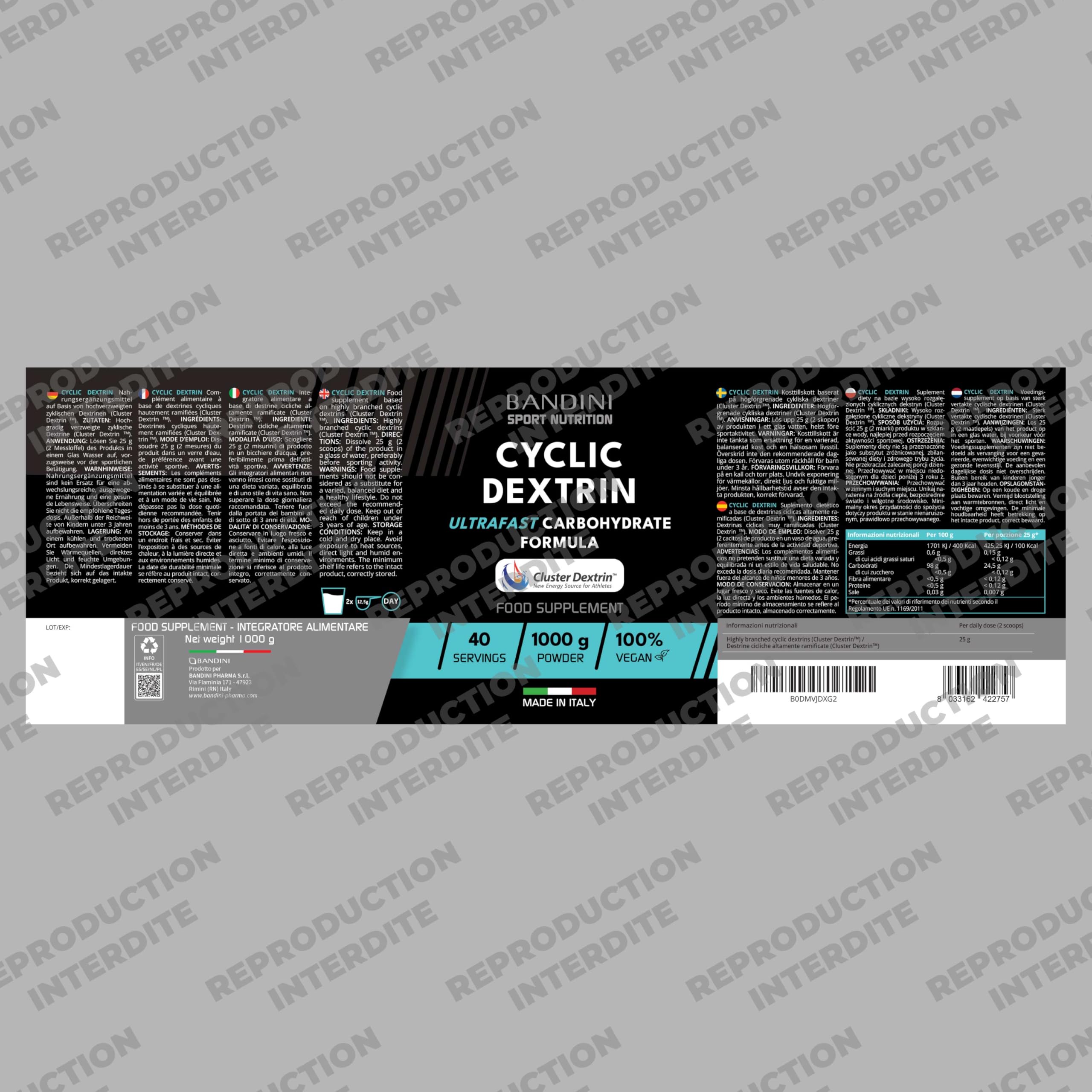Bandini® Cyclic Dextrin Powder (Dextrin® Cluster) 1000g - Dextrine Cyclique | Hydrates de carbone de première qualité à forte ramification - Energie accrue grâce à une formule brevetée - Végétalien