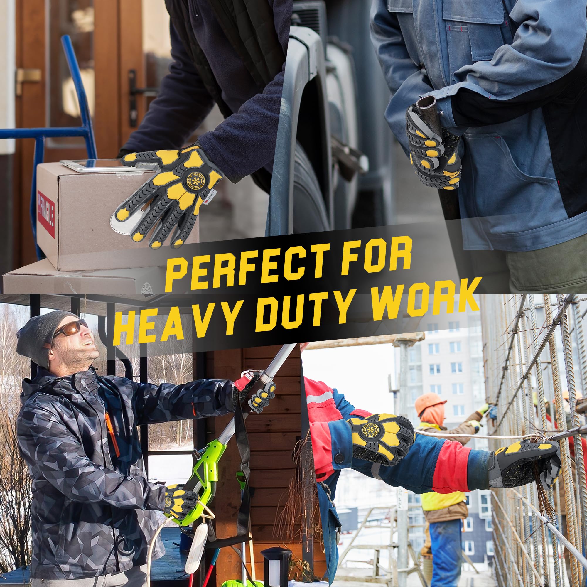 HANDLANDY Gants de travail d'hiver résistants aux coupures pour homme, gants de travail rembourrés à isolation thermique et très résistants aux chocs pour temps froid (jaune isolé, taille XL)