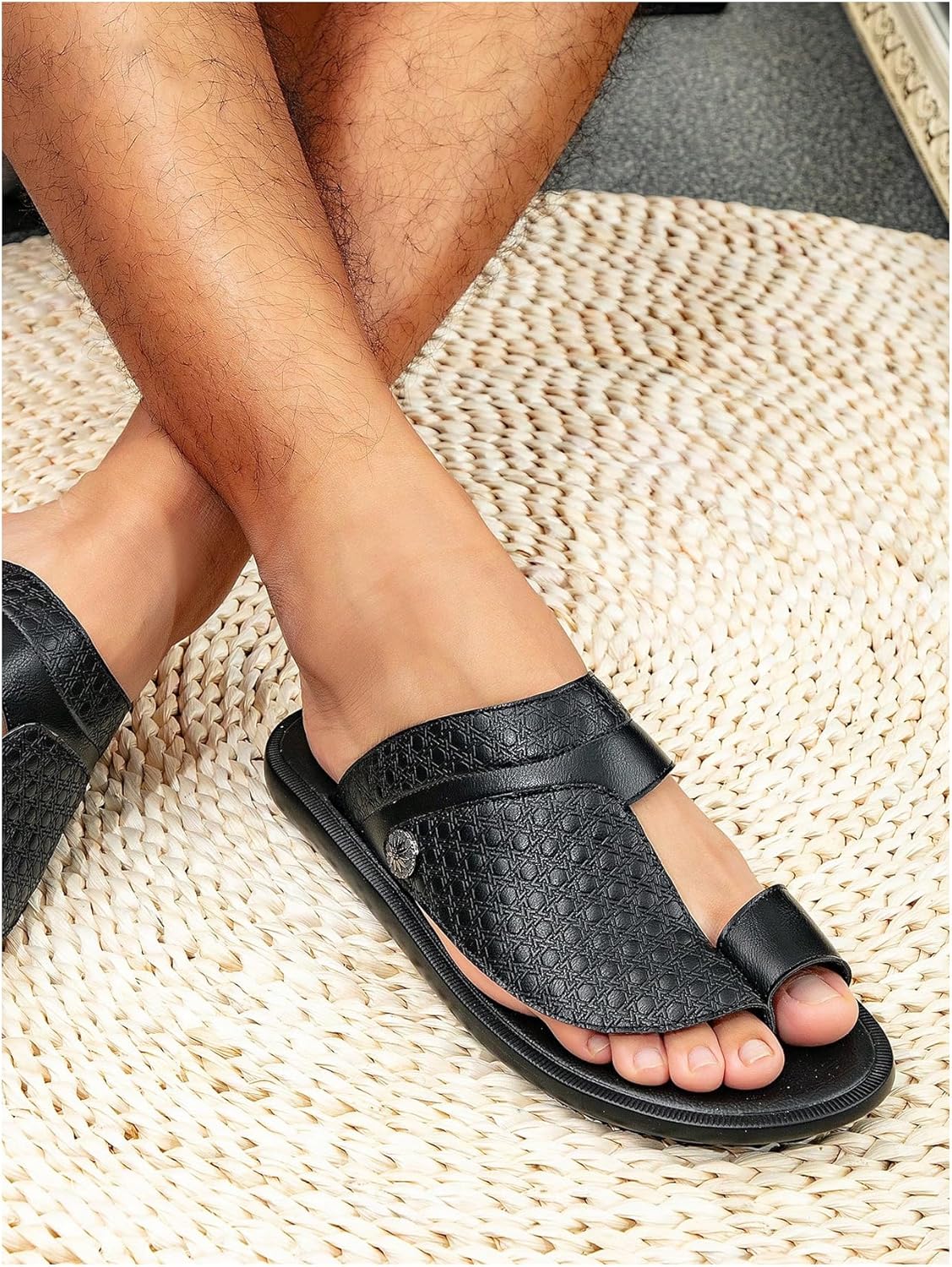GORGLITTER Men's Leather Sandals Beach Open Toe Slippers Strap Slide Shoes Slip on Casual Flat Flip Flops