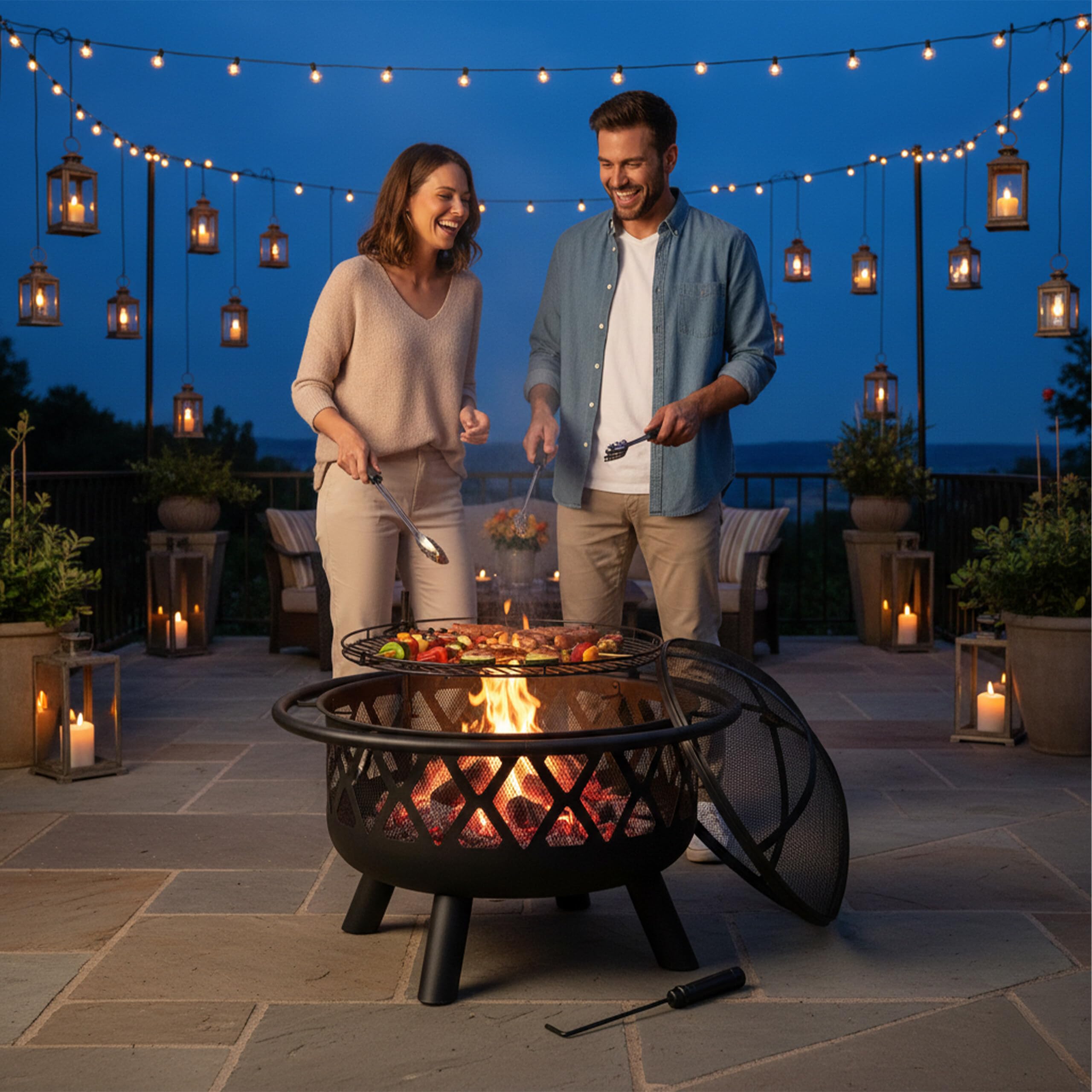Relaxdays Brasero Exterior con Parrilla, Protector Antichispas y Atizador, Estufa Jardín y Terraza, 75 cm, Acero, Negro
