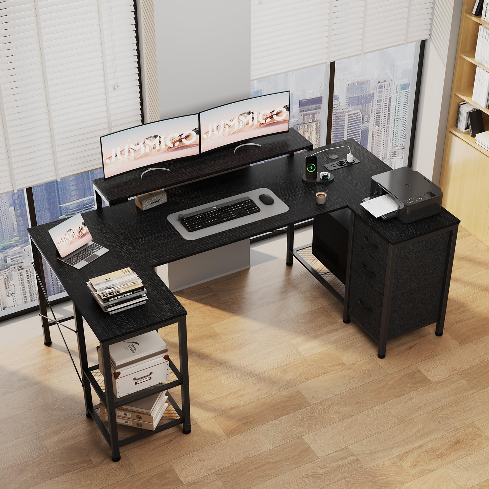 JUMMICO Scrivania da Gaming Angolare a Forma L, 170x90cm con Illuminazione LED, Supporto Monitor Regolabile in Altezza, 3 Cassetti, 2 Prese e 2 Porte USB, Scrivania in Acciaio e Legno, Nero
