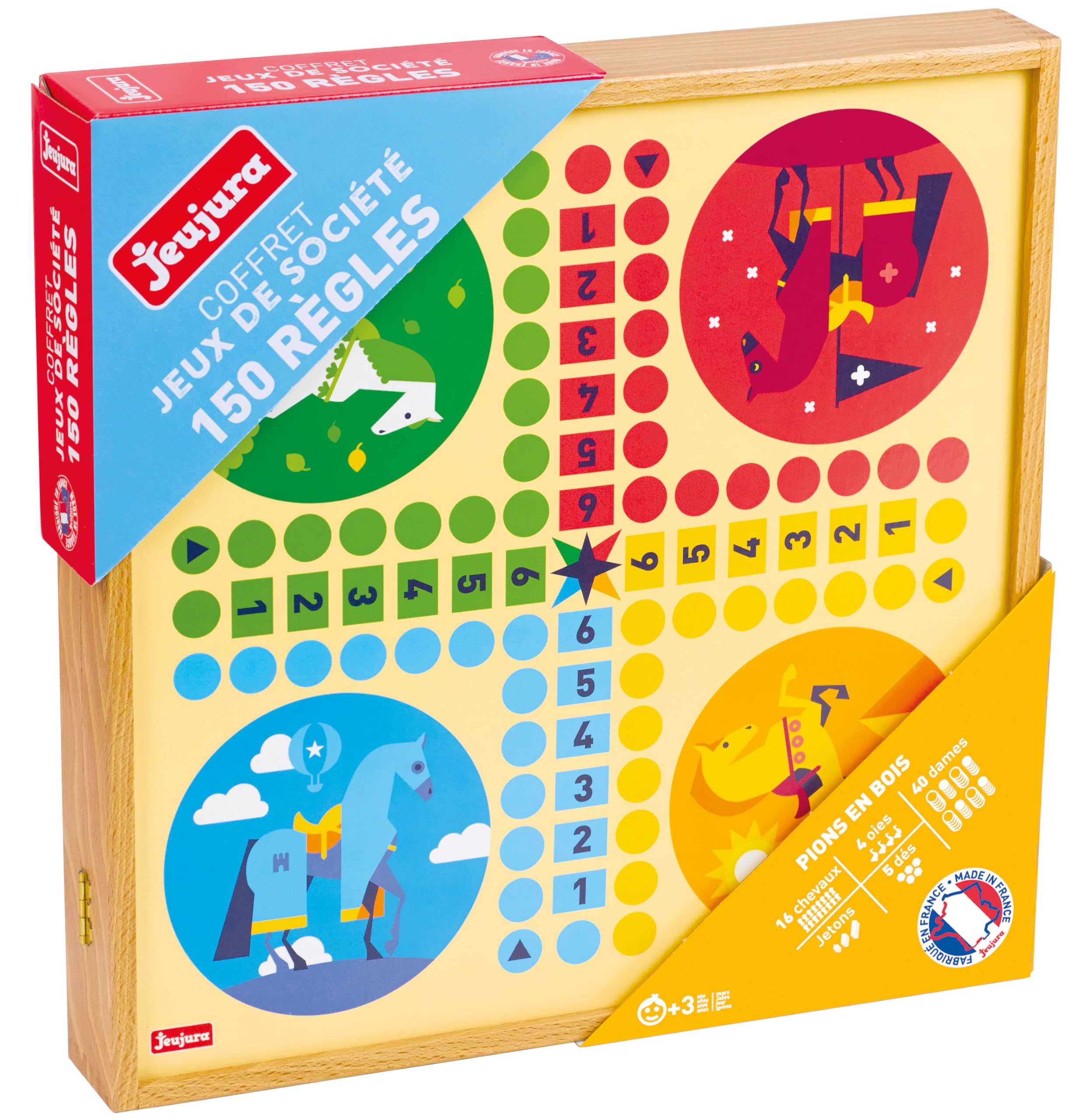 JEUJURA - Coffret Jeu de Sociétés 150 Règles - Jeu en Bois dès 3 Ans - 8125 | Jeux traditionnels - Jeux des petits chevaux, de l'oie, des dames, nain jaune, yams, 421, loto - Jeu Enfant et Famille