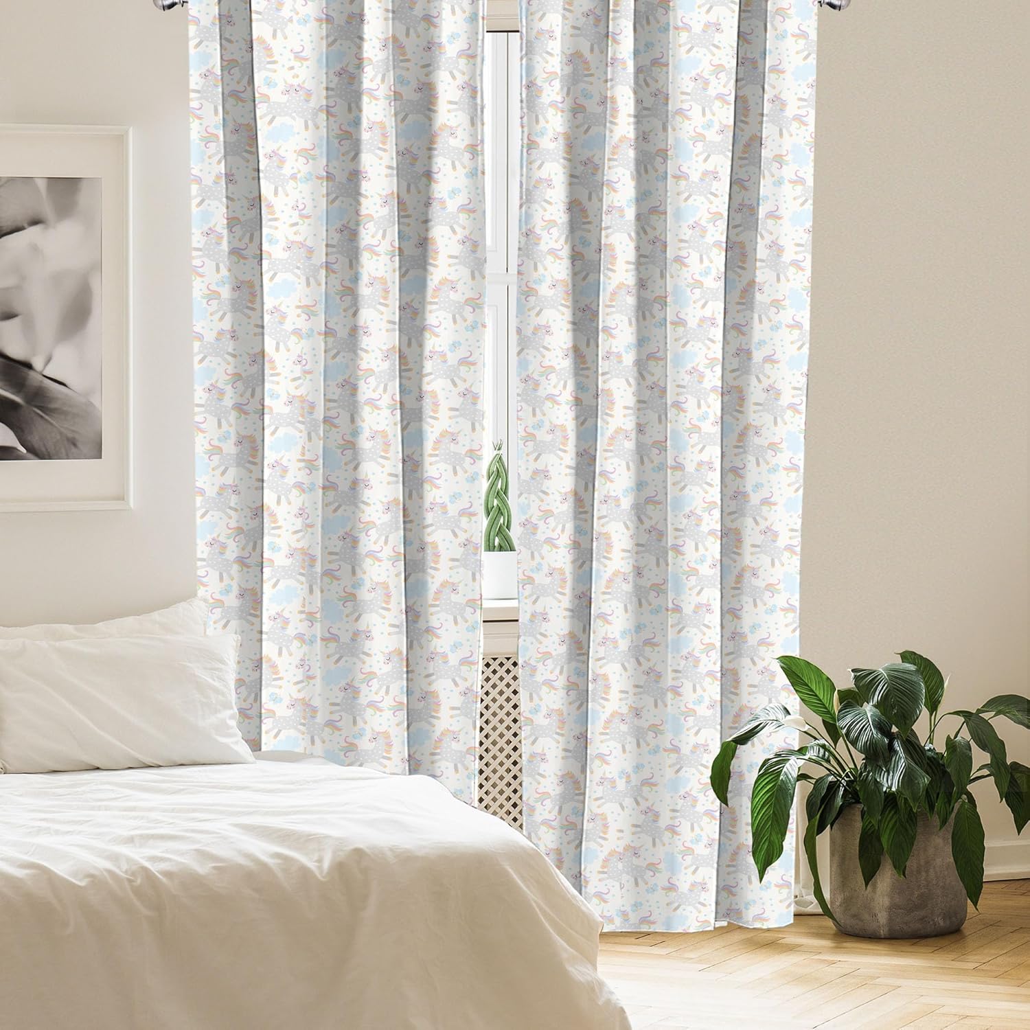 Ambesonne Unicorn Party Curtains, Cartoon of Colorful Maned Horned Horse and Butterflies, Window Treatments 2 Panel Set for Living Room Bedroom, Pair of - 28" x 84", Blue Beige