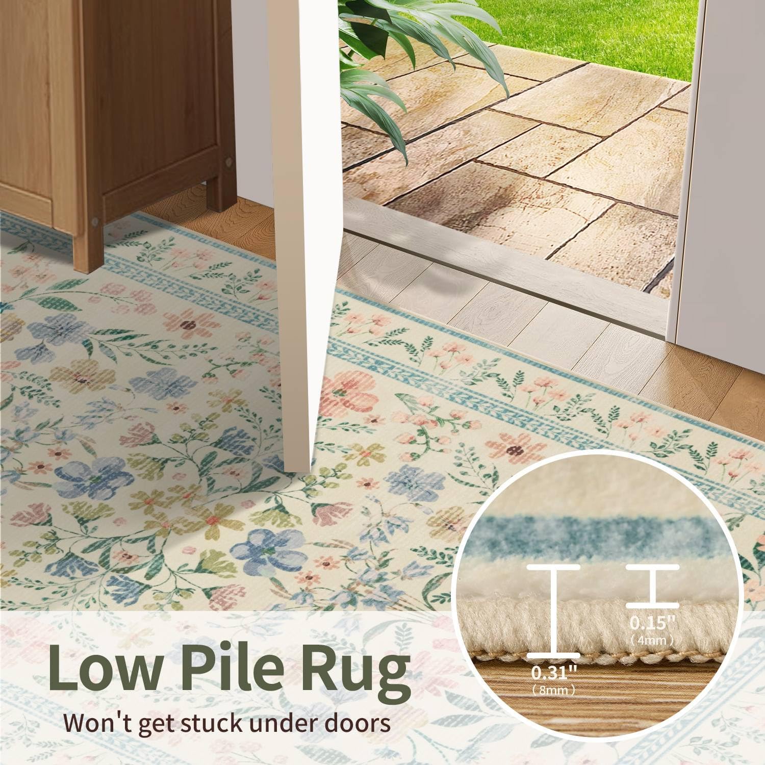 Floral Rug for Living Room Bedroom, 5x7 Washable Rug, Green Vintage Boho Area Rug, Large Non Slip Low Pile Wool Carpet for Indoor Dining Room,Girls Room,Nursery Room and Kids Room(Green 5x7ft) - Image 6