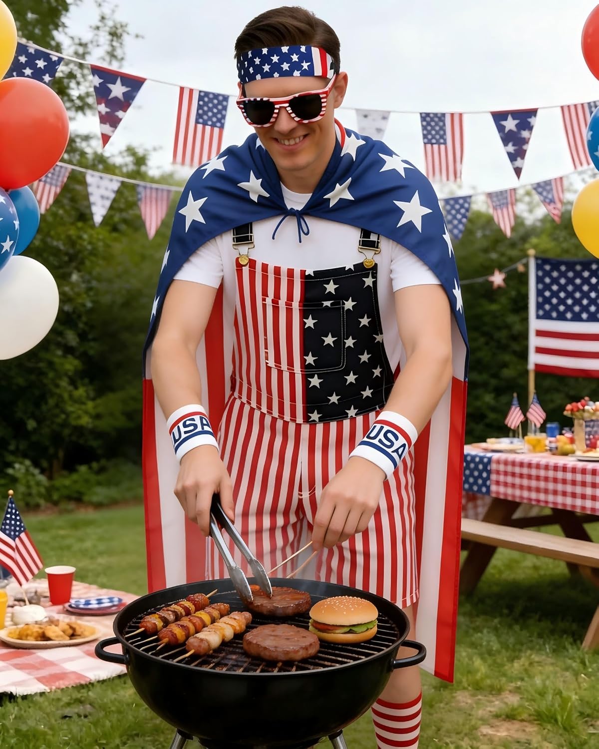 American Flag Overalls Men 4th of July Outfits Costume Unisex with Red White Blue Accessories Patriotic Shorts
