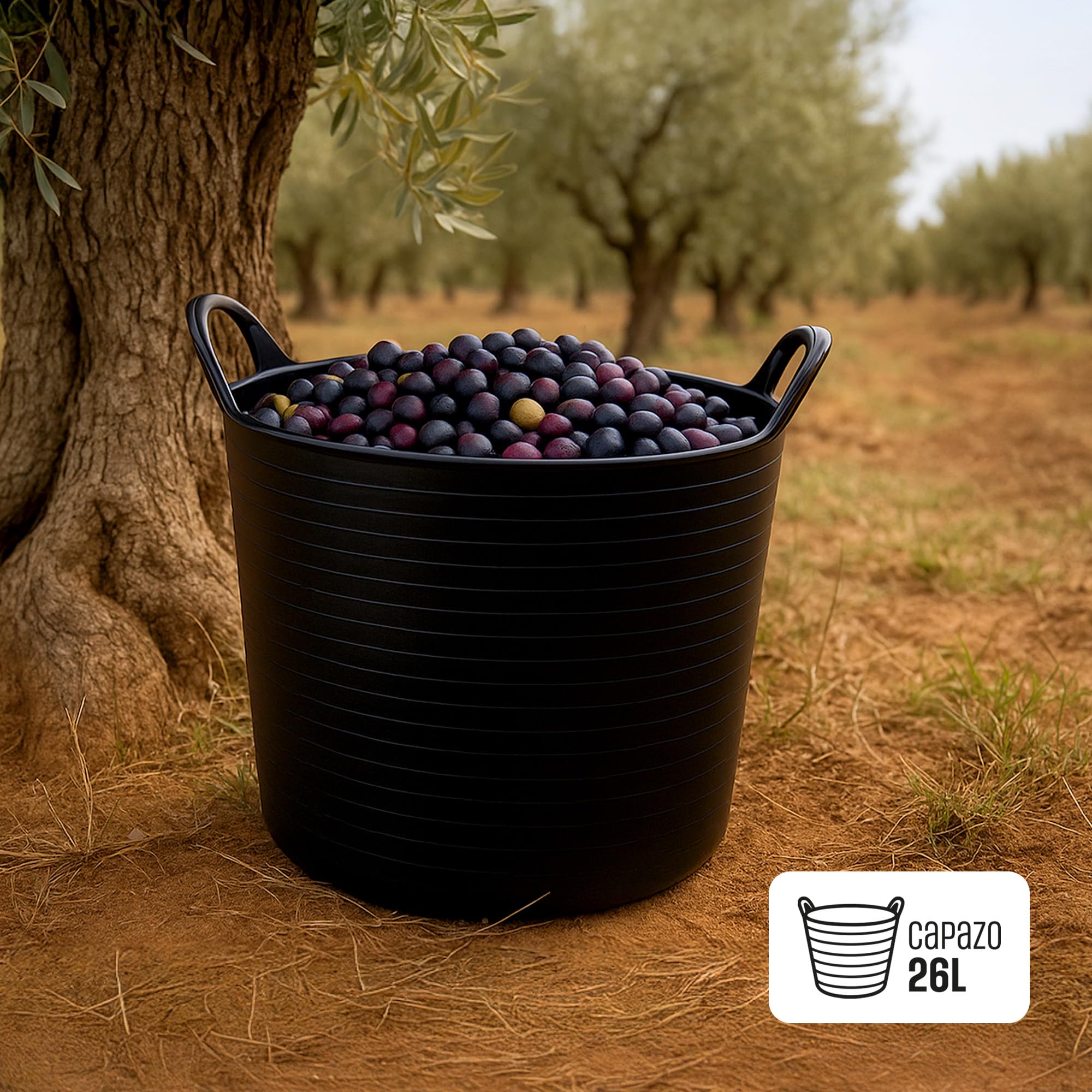 Pamex - Capazo Negro Plástico 26L Flexible Asas Resistentes Cubo Espuerta Trabajo Vendimia 35X35X34cm - 12 Unidades