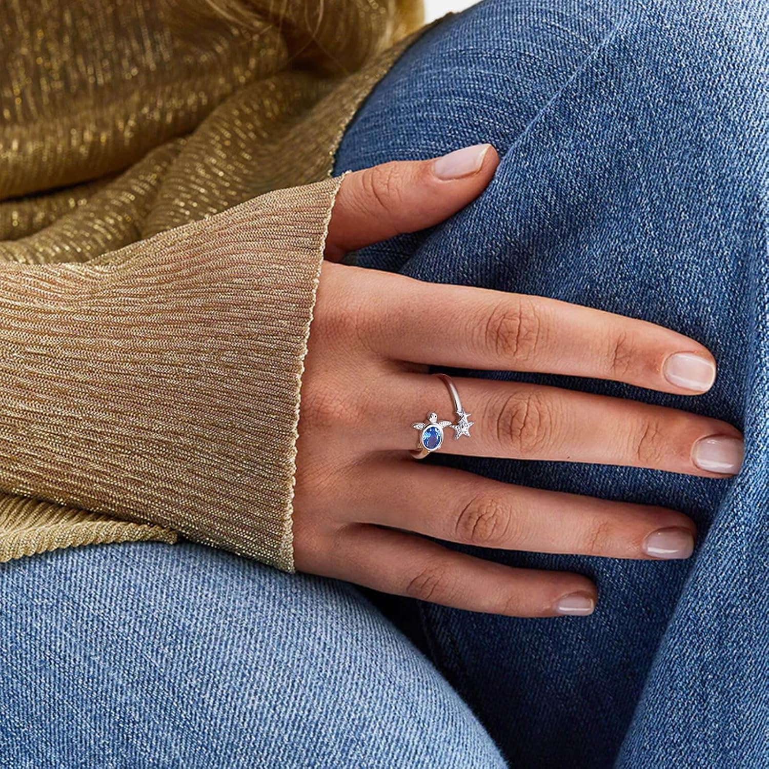 Adjustable Sea Turtle Starfish Ring 925 Sterling Silver for Women-Ocean-Themed Beach Jewelry-Boho Coastal Summer Ring - Image 2