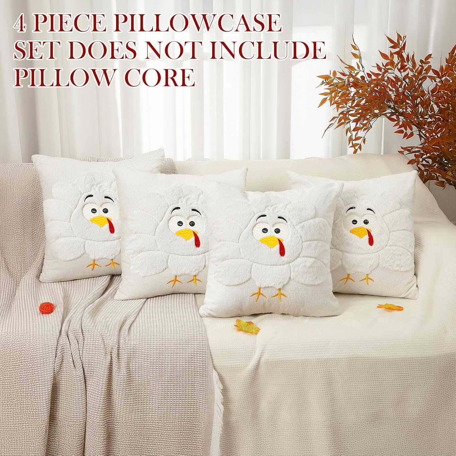 Tudomro 4 Pcs Thanksgiving Turkey Throw Pillow Cover 18x18 Inch White 3D Embroidered Soft Faux Fur Pillow Case for Thanksgiving Day Gifts for Autumn Sofa Couch Home Bedroom Farmhouse Decor