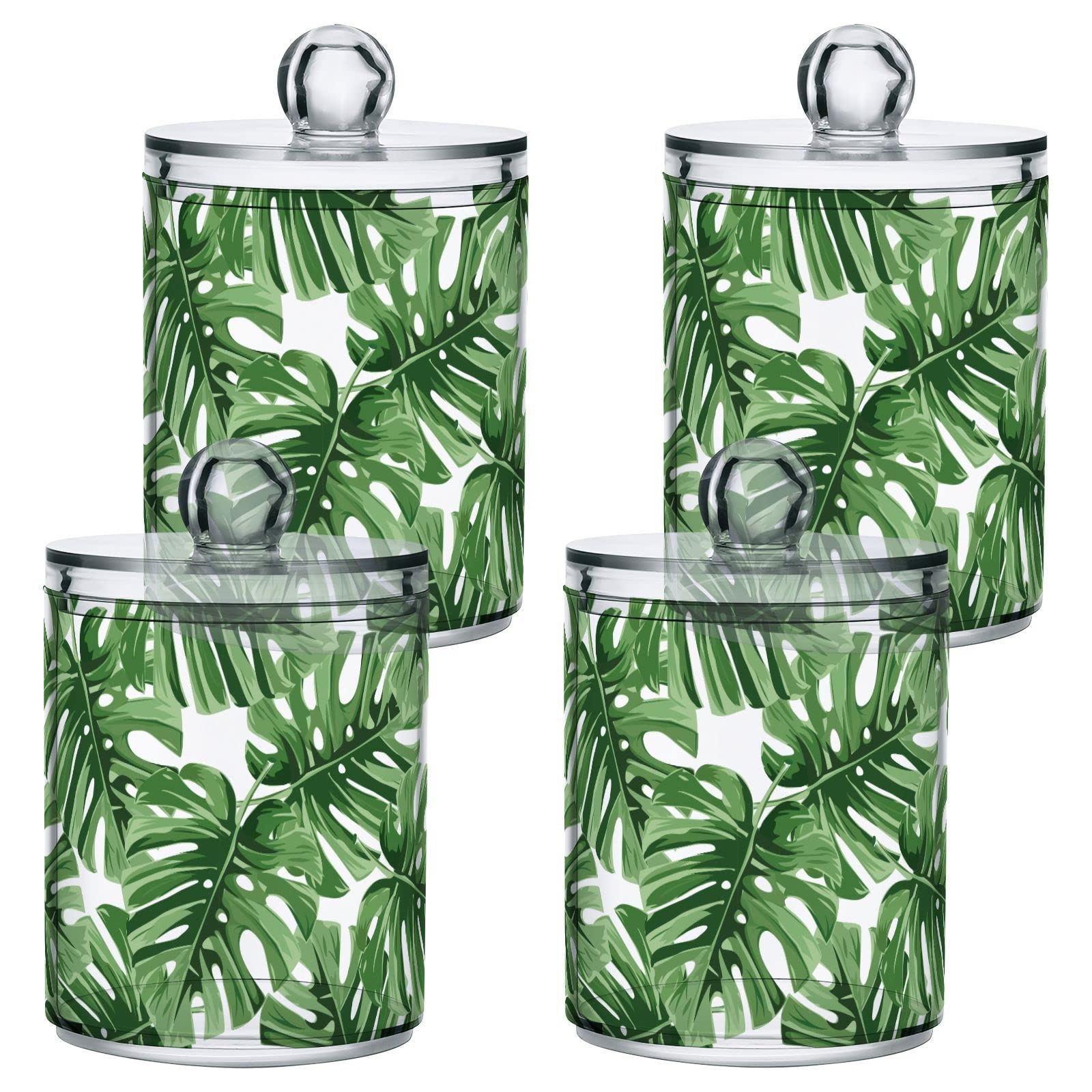 xigua 2 Pack Tropical Palm Leaves Apothecary Jars with Lid, Qtip Holder Storage Containers for Cotton Ball, Swabs, Pads, Clear Plastic Canisters for Bathroom Vanity Organization (10 Oz)