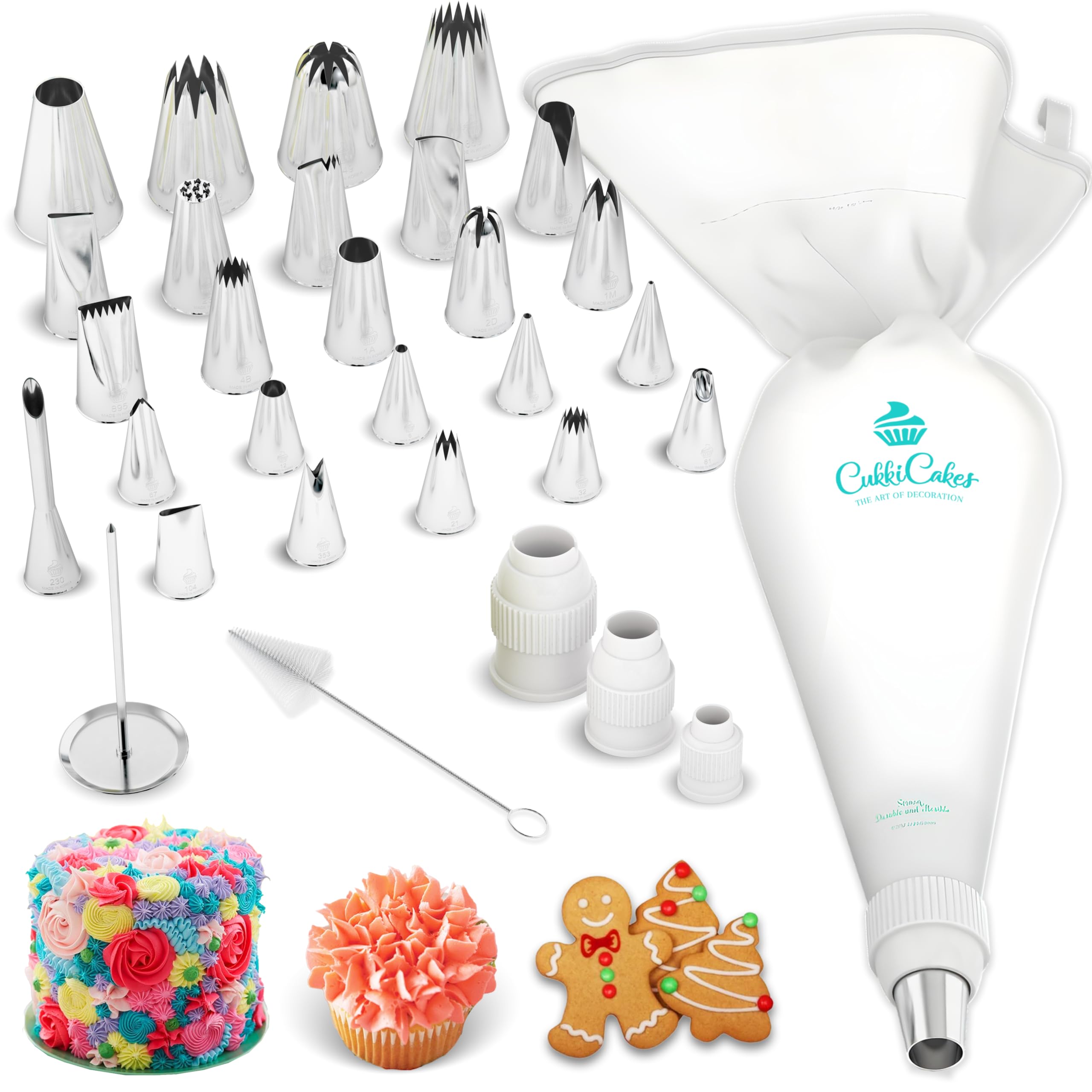 Spritzbeutel Mit Tüllen Profi Set (31 Stück): Spritzsack Wiederverwendbar Groß (45cm) + 26 Spritztüllen + Krapfentülle + Blumennagel | Torten Spritztüte Set Made in Japan & Korea