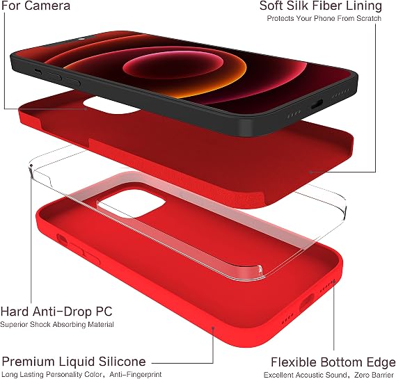 MXX Silicone Case for iPhone 13 Pro Max, W/Screen & Camera Lens Protector, Phone Cover Soft Anti-Scratch Microfiber Lining, Liquid Gel Finish Coating Full-Body Protective 6.7 (Red)