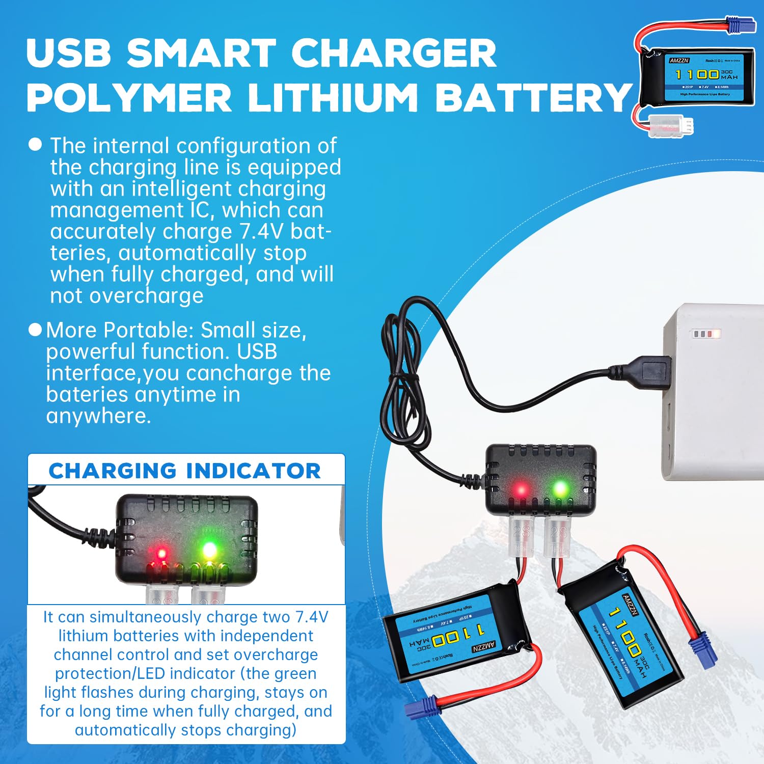 2 Stück 7,4V 1100mAh 2S Lipo Akku EC2 Stecker mit Ladegerät 2-in-1 geeignet für UTB18 RC Fahrzeuge, Ersatzbatterie für Geländefahrzeuge mit Allradantrieb, Hochleistungsbatterie