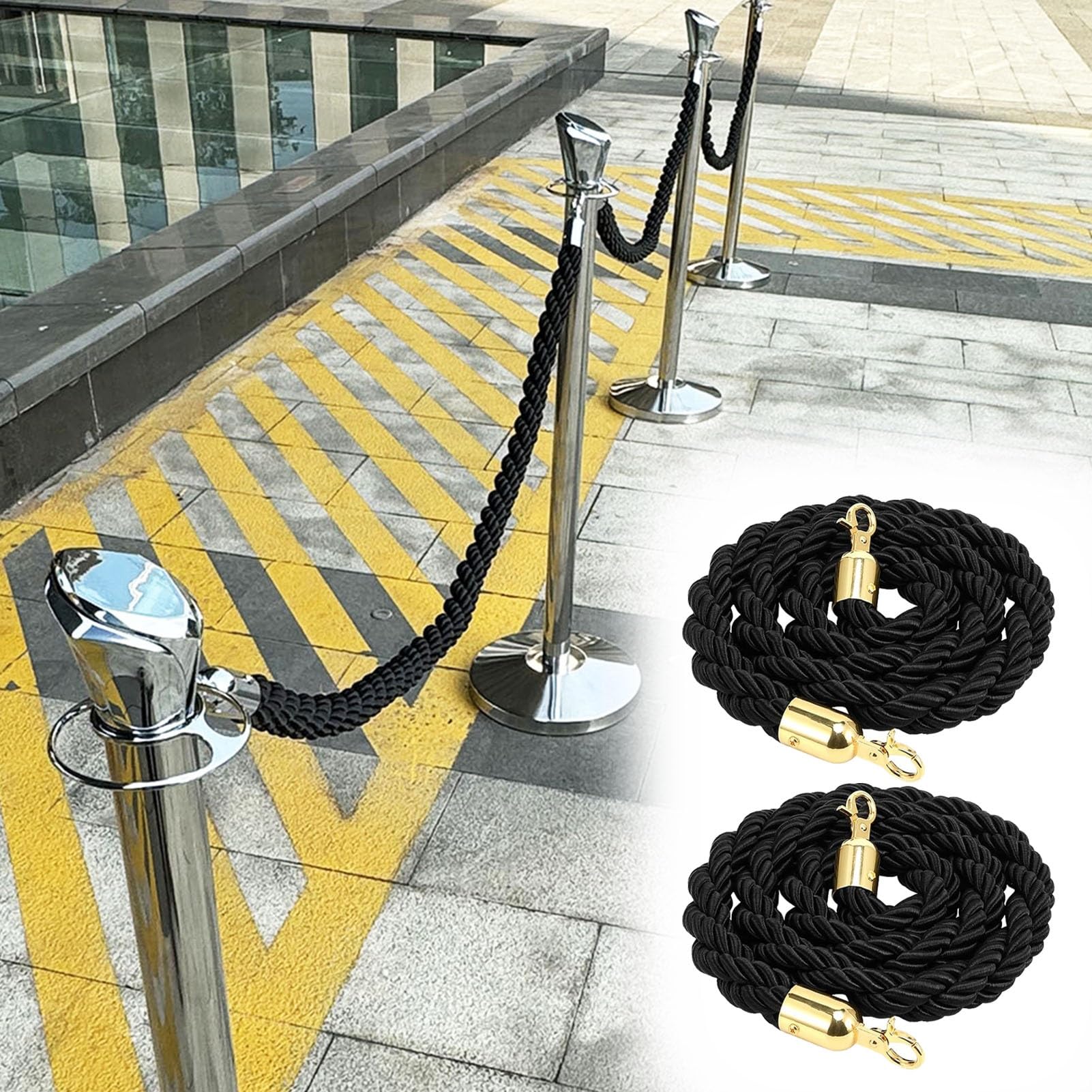 Corde tressée noire barrière de contrôle des foules et crochet poli doré contre le désordre