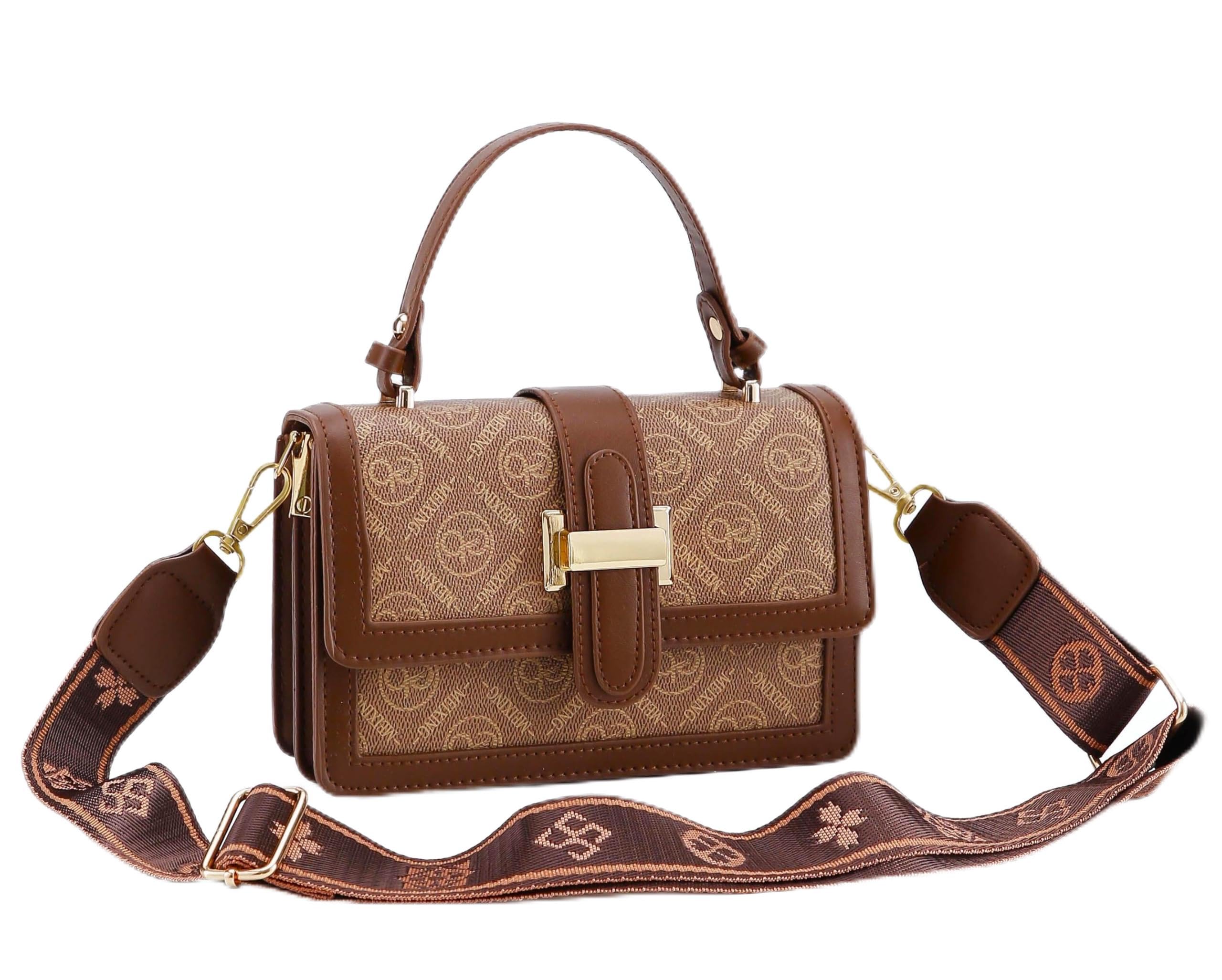 Checkered Brown Leather Handbag with Multiple Pockets and Broad Strap-image-36