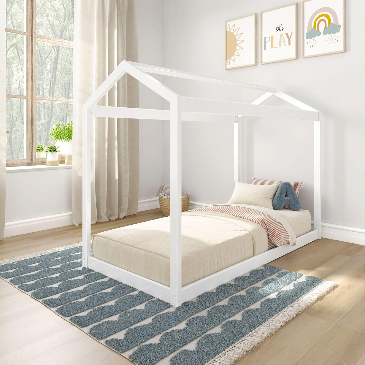 Max & Lily Twin Floor House Bed, Modern Solid Wood Low Bed Frame for Kids, Montessori Floor Bed for Bedroom, Playroom, Wooden Slats, White