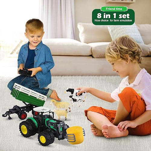 Miniatura 4 de PERKPUTOE Tractor a control remoto, tractor RC con remolque, escala 124, juego de tractor a control remoto, juguete de regalo de vehículo de granja