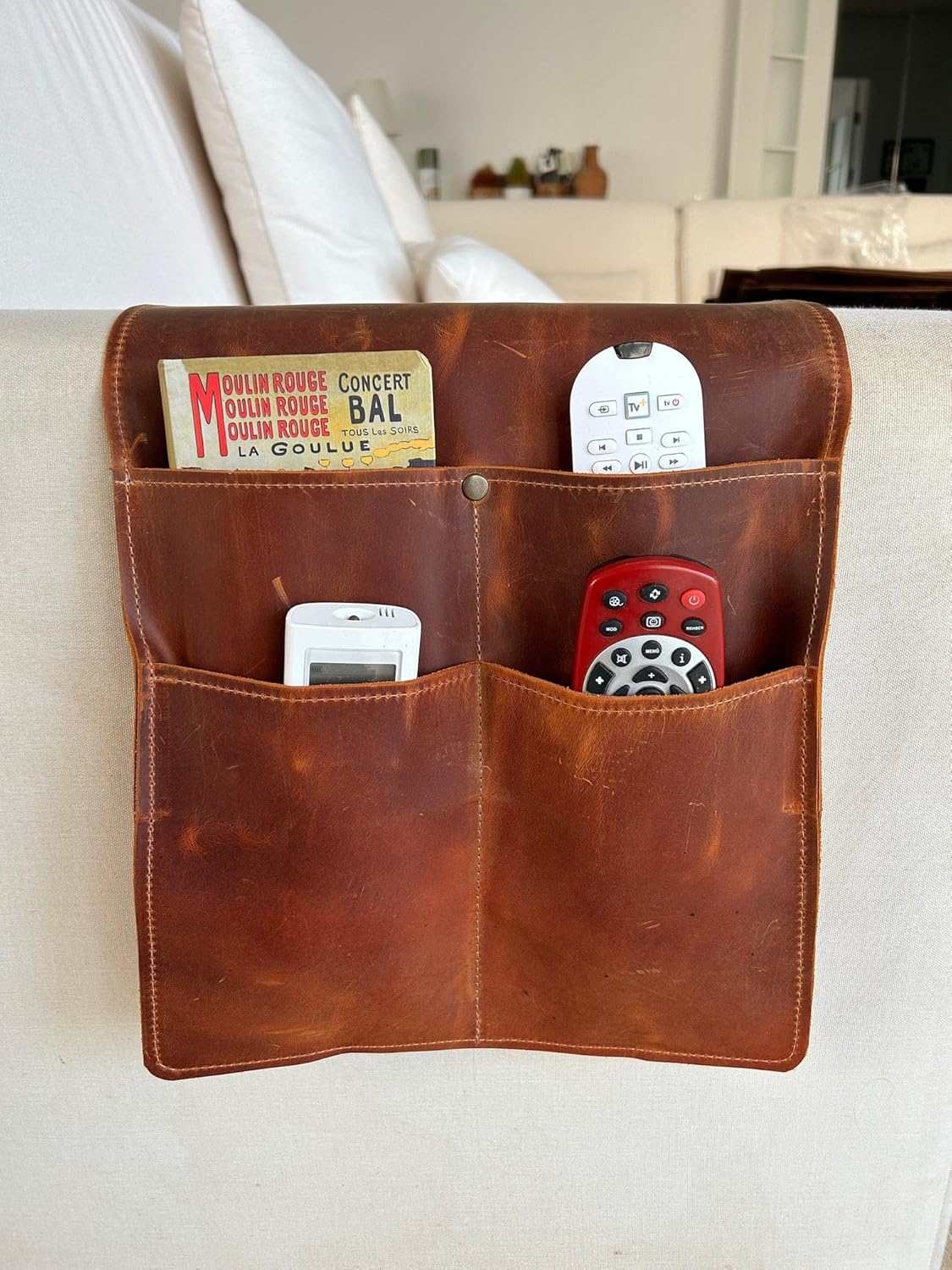 Leather Sofa Armrest Organizer, Handmade Couch Caddy with 4 Pockets For Magazines, Tablets, Remote Controls, Books and Accessories