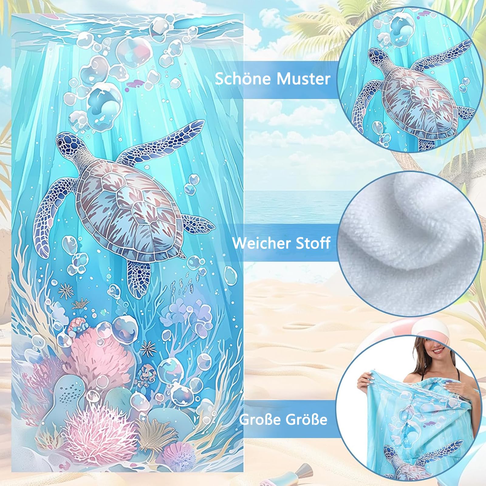 Damski ręcznik plażowy, z mikrofibry, 140 x 70 cm, plecak 2 w 1, ręcznik plażowy, chłonny, szybkoschnący, bez piasku, koc plażowy na plażę, podróż, do pływania, niebieski żółw