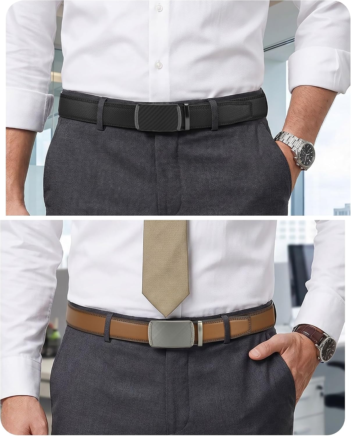 CHAOREN Mens Belt 2 Pack - Leather Ratchet Belt for Dress Pants (35mm) image 2