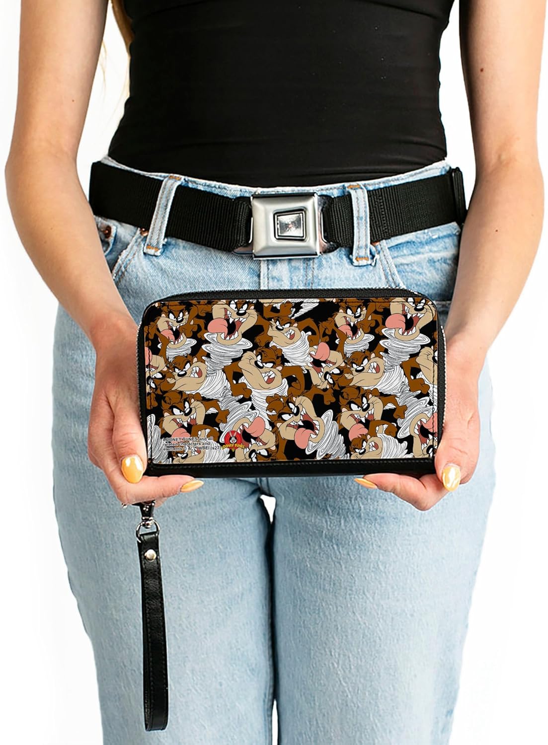 Buckle-Down Looney Tunes Wallet, Zip Around, Tasmanian Devil Vortex Poses Scattered Black, Vegan Leather - Image 3