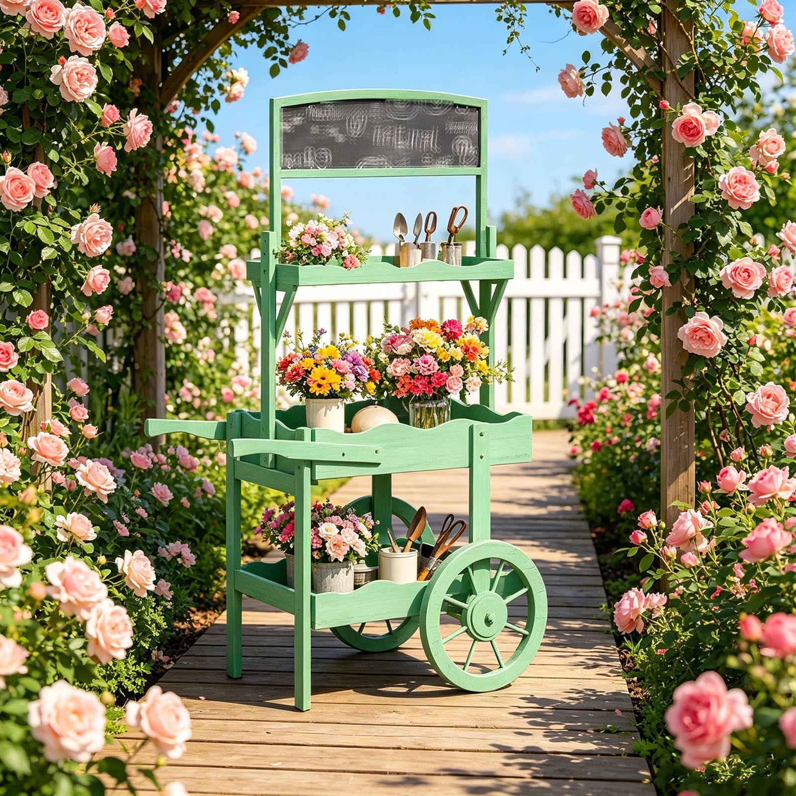 Carrello per Fiori con Ruote per Negozio Fiori Carretto per Dolciumi a Due Piani In Legno Massello con Lavagna Carretto Espositivo In Legno per Vetrine Negozi per Fiorai Cortili Giardini(White)