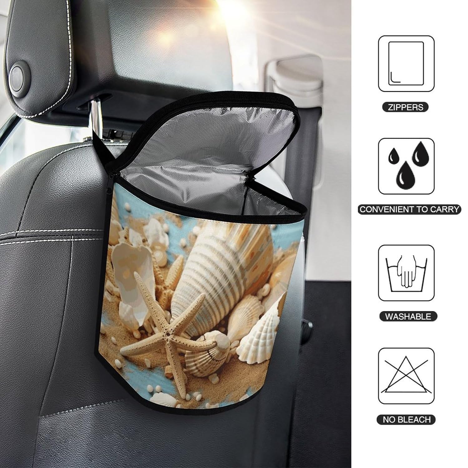 Hanging Car Trash Bag Protable Trash Can Beach Theme Seashells Waterproof Garbage Bin for Car