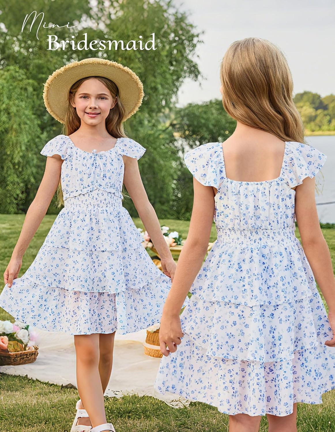 GRACE KARIN Girls Spring Summer Floral Dress Teen Ruffle Smocked 3 Layerr Dresses Kids Cute Boho Easter Clothes Size 7-14