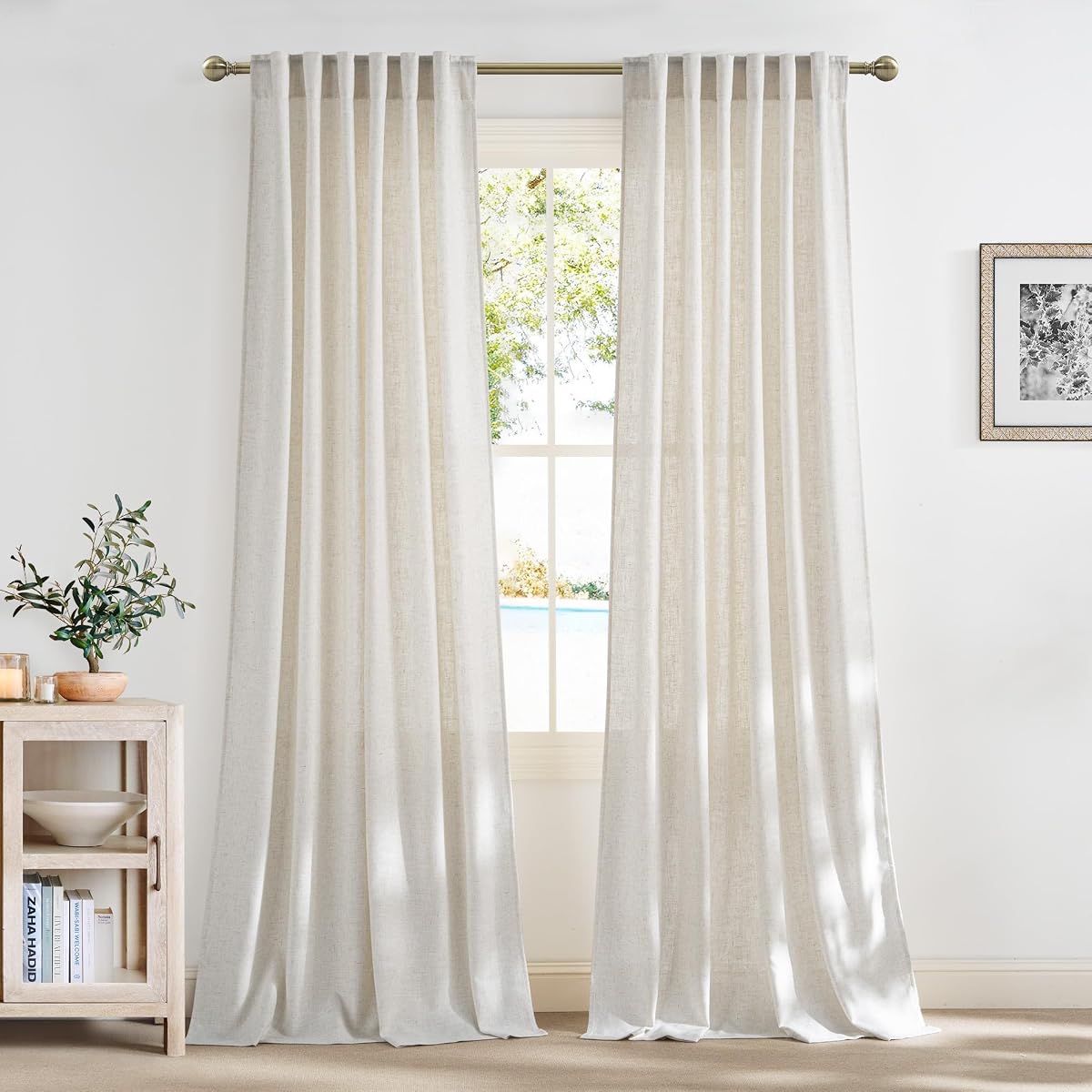 NICETOWN Natural Linen Curtains 96 inch Long 2 Panels Set, Thick Organic Flax Linen Blend Privacy Window Drapes Rod Pocket & Back Tab with Light Filtering for Bedroom/Living Room, W55 x L96