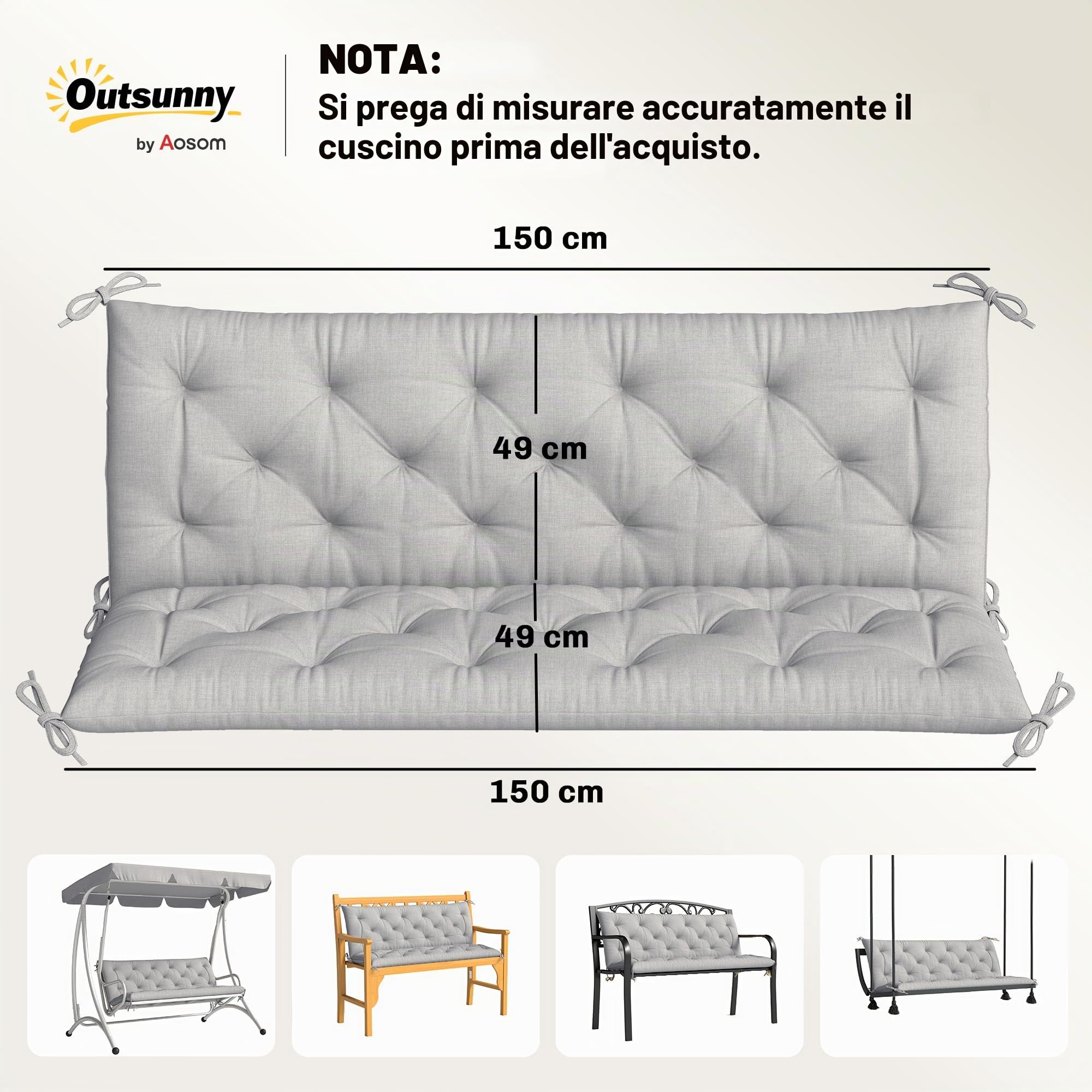 Outsunny Cuscino altalena con schienale 3 posti 59.1"x38.6" Grigio Chiaro