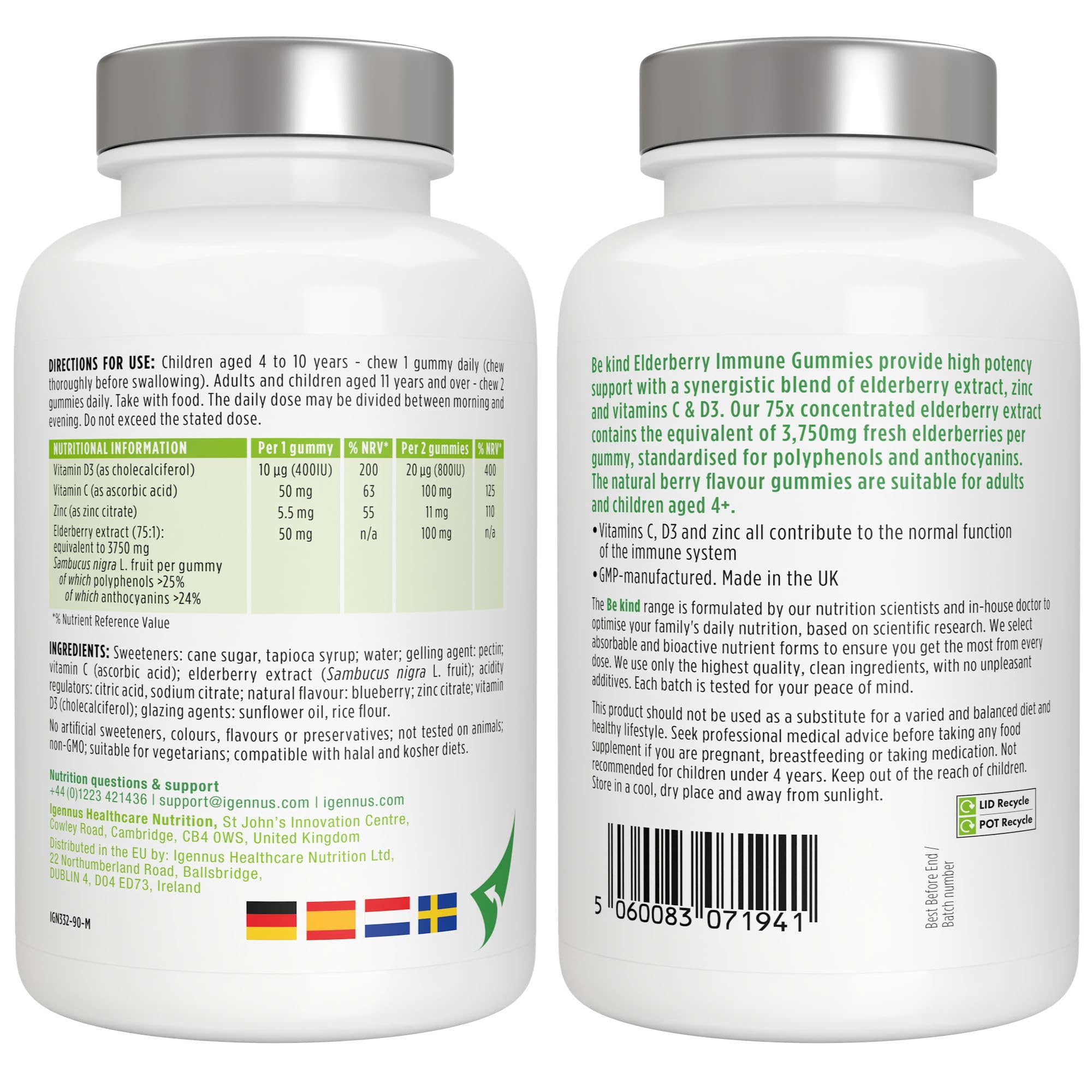 Igennus Holunderbeeren Gummies für das Immunsystem, 4-in-1 Komplex mit Vitamin C, D3 & Zink, 75:1 Extrakt, Vegane Nahrungsergänzung für Kinder ab 4 Jahren & Erwachsene, Beerengeschmack, 90 Gummis