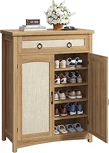 DWVO 5-Tier Rattan Shoe Storage Cabinet, Farmhouse Shoes Rack Cabinet with Adjustable Shelf, 43" Tall Wood Shoe Organizer with Drawer & Doors for Entryway Hallway Living Room Closet (Oak)
