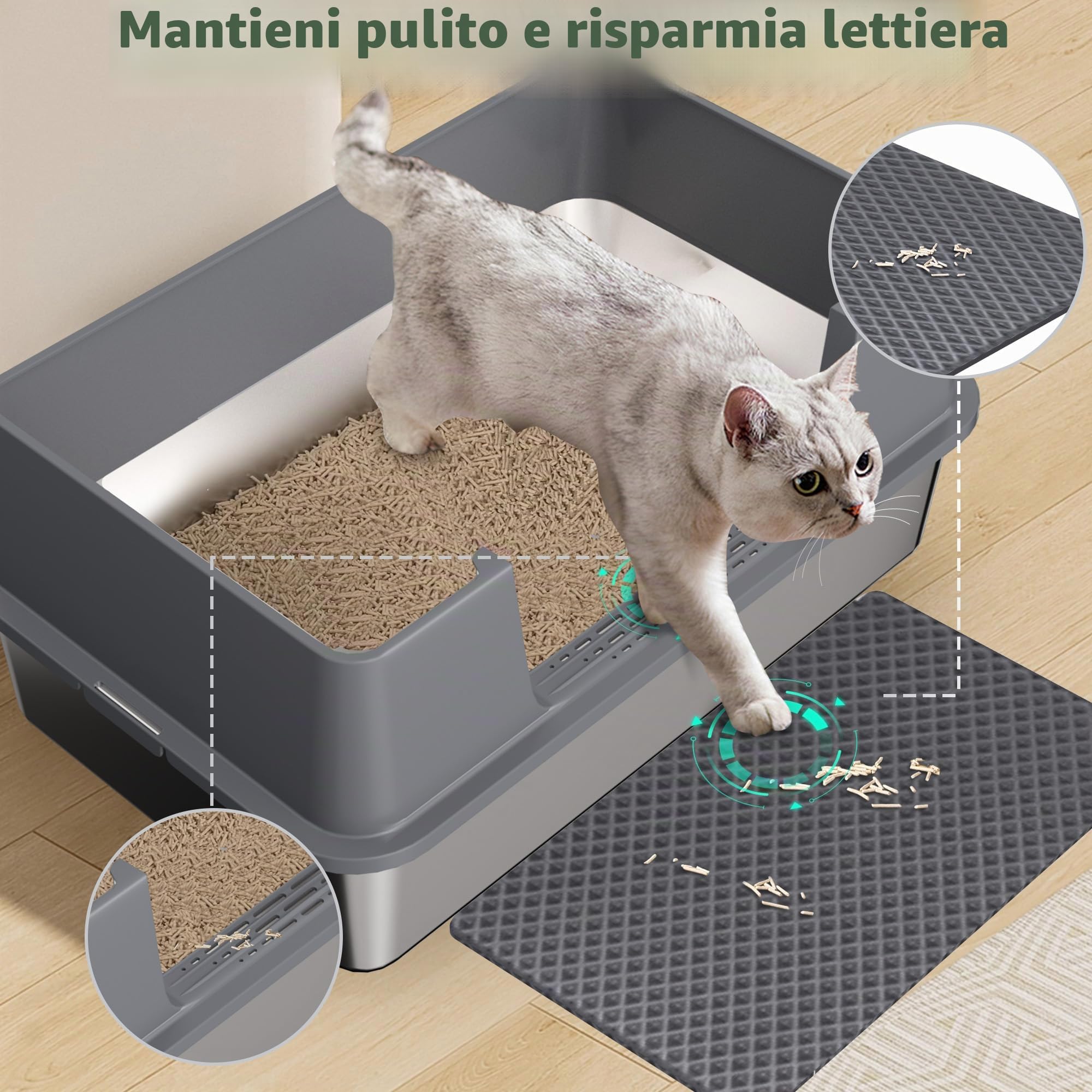 Gimars XL lettiera acciaio per gatti, vassoio in acciaio inox facile da pulire e senza odori, lettiera a prova di perdite con paletta e tappetino