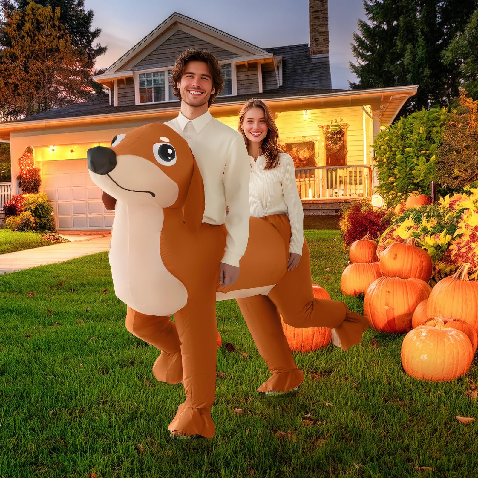 Poptrend Disfraz inflable de perro salchicha doble para adulto, disfraz inflable doble para perro, disfraz de perro salchicha para Halloween, disfraces divertidos de fiesta