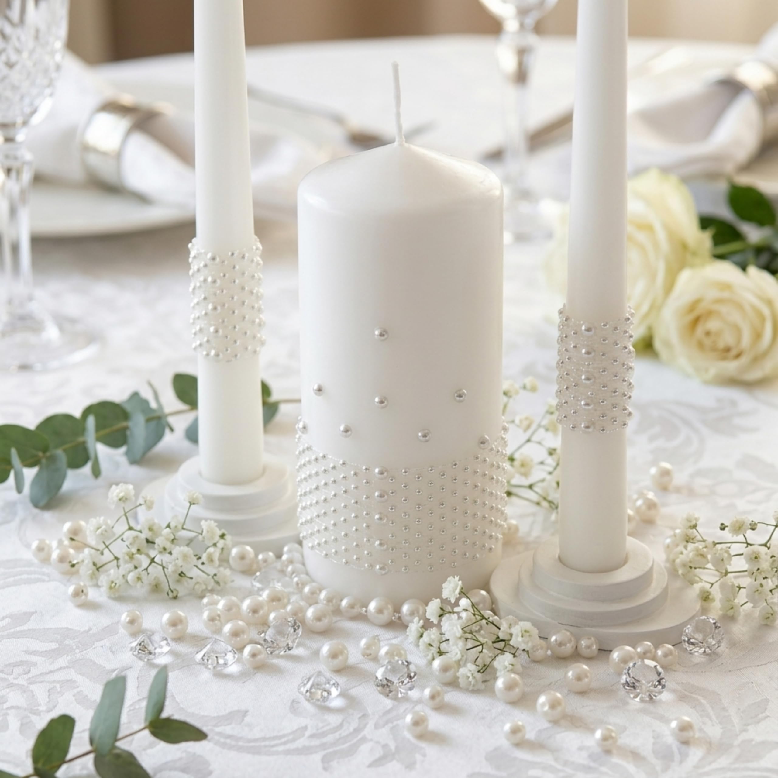 Unity - Set di candele per matrimonio, set di candele da 15 cm e 2 coni da 22,5 cm, unico colore al quarzo (quarzo bianco)