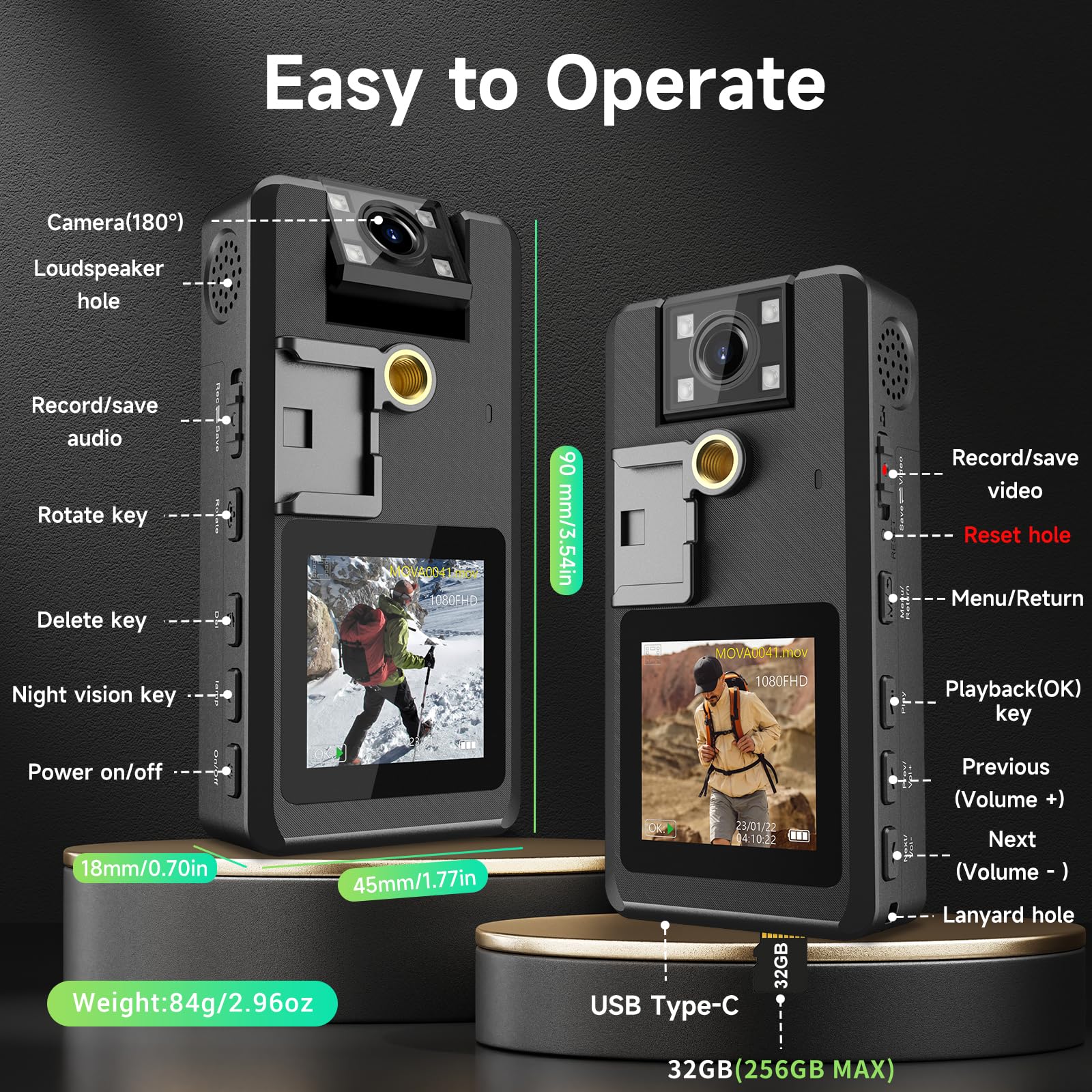 Caméra de Corps 1296P 32G, 4260mAh 20H Caméra Corporelle Video avec Audio, Objectif Rotatif à 180°, Wevoor Mini Pocket Boycam Police Portable avec 360° Clip Vision Nocturne pour Extérieur/Voyages