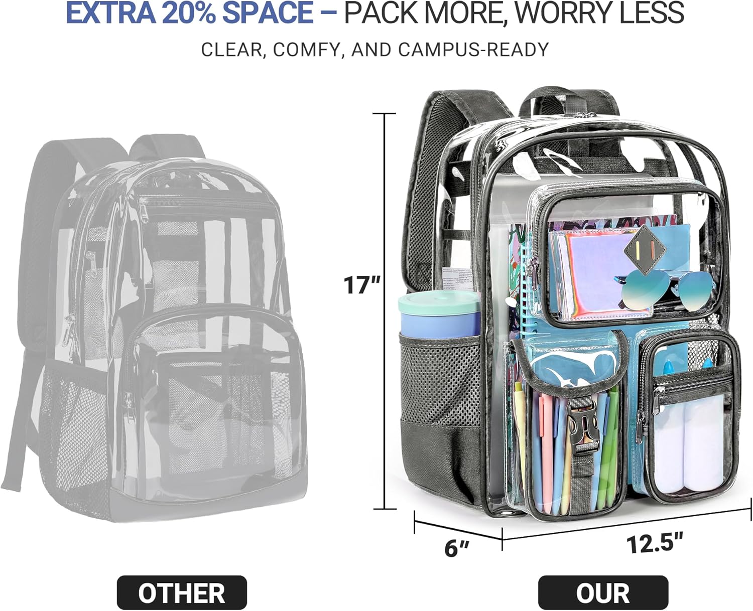 ZORFIN 17 Inch Clear Backpack, Large Transparent Bookbag with Reinforced Straps for School College Work