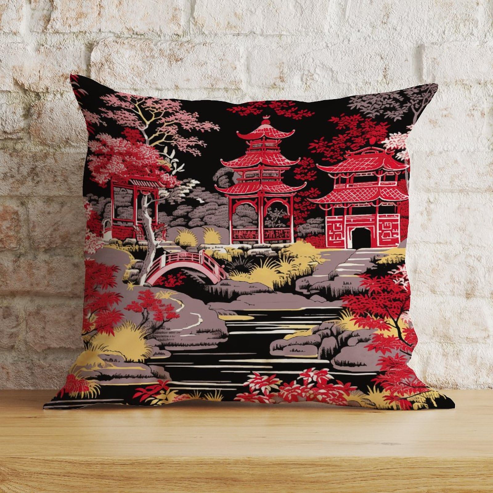 Zyadsinoudor Style-18 Chinoiserie Charcoal Coral Pagoda Throw Pillowcase Asian Style Cushion Cases 16X16in Decorative Pillow Home Cotton Linen Abstract Cushion Cover For Couch Sofa Bed Living Room Decor