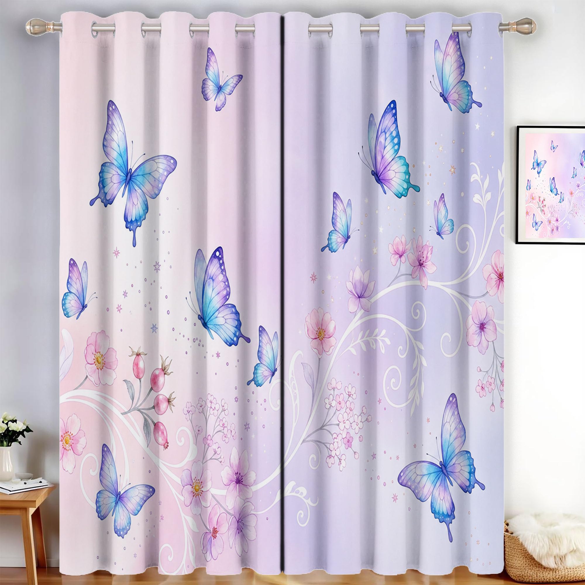 Verträumter Farbverlauf Vorhang Blickdicht Gardinen Mit Ösen, Schmetterlingsblumen Muster Verdunklungsvorhänge H175 x B140 cm (2er Pack), Rosaviolett Thermovorhang Kälteschutz Für Schlafzimmer Fenster
