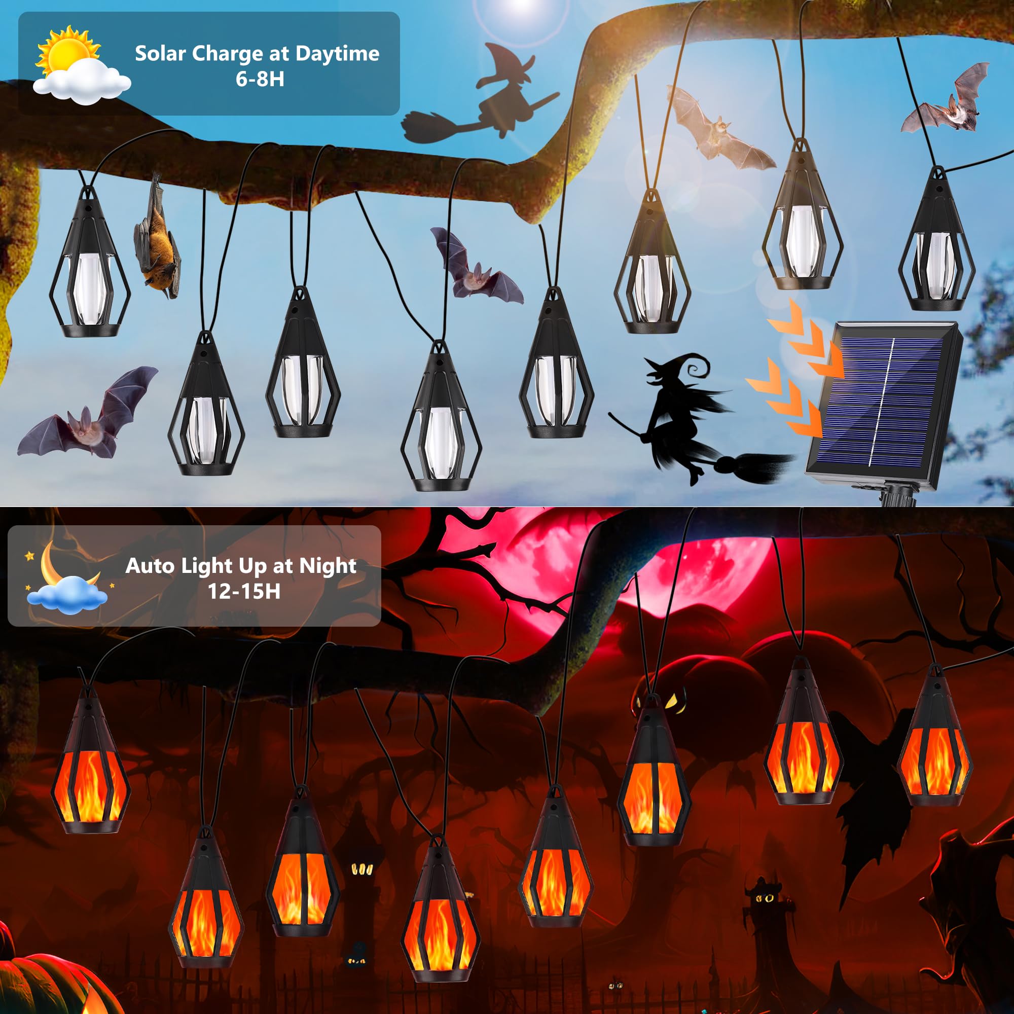 Solar-Lichterkette für den Außenbereich, 10 m, Solar-Terrassenlichter mit 15 flackernden Flammen, wasserdicht, rot, solarbetrieben, Außenleuchte für Garten, Hof, Terrasse, Pavillon, Bistro, Café