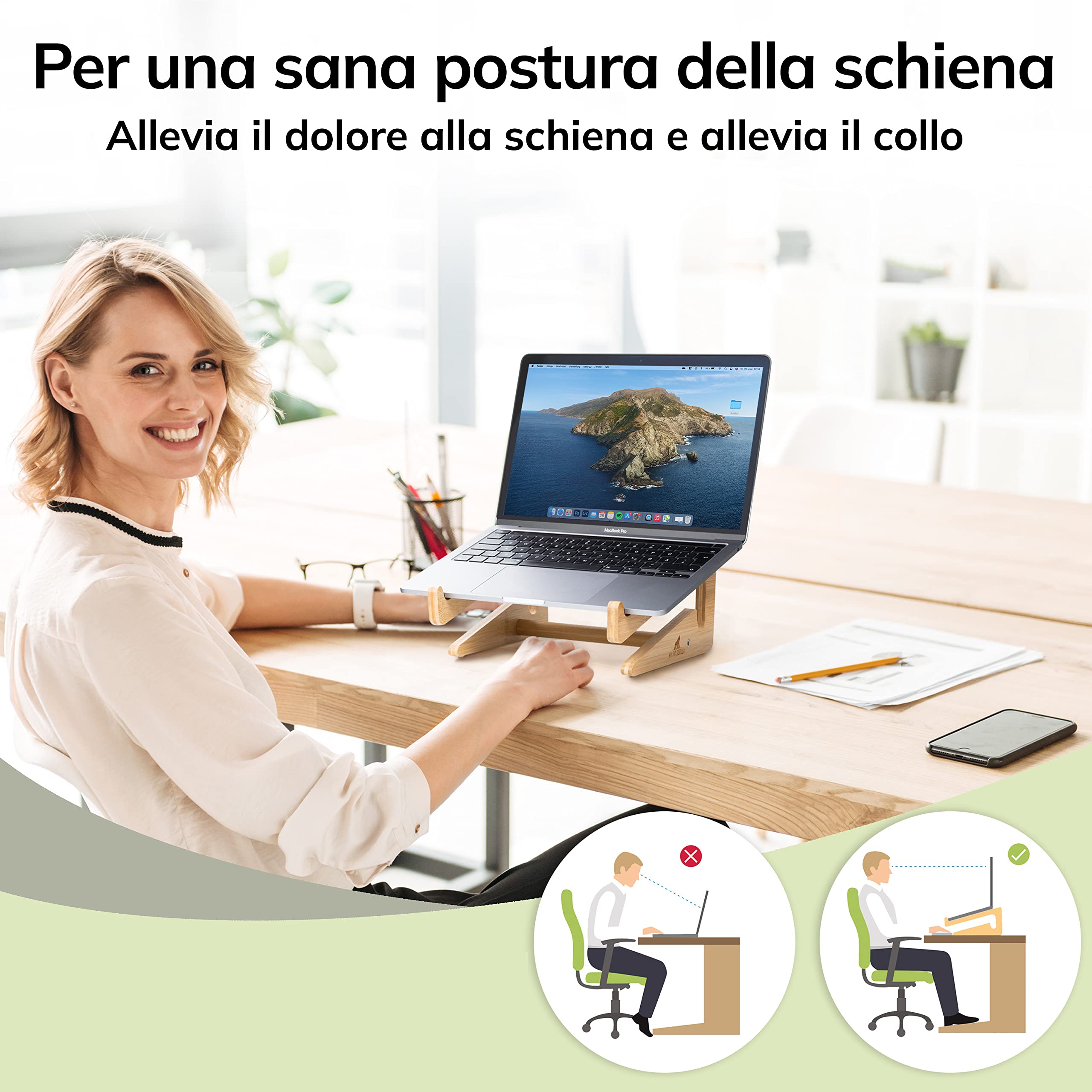 MY FAT GORILLA Supporto PC Portatile Legno Bambù – Rialzo PC Portatile per MacBook & Notebook – Supporto Laptop Scrivania – Alzata PC da Scrivania Bambù per 10-15 pollici
