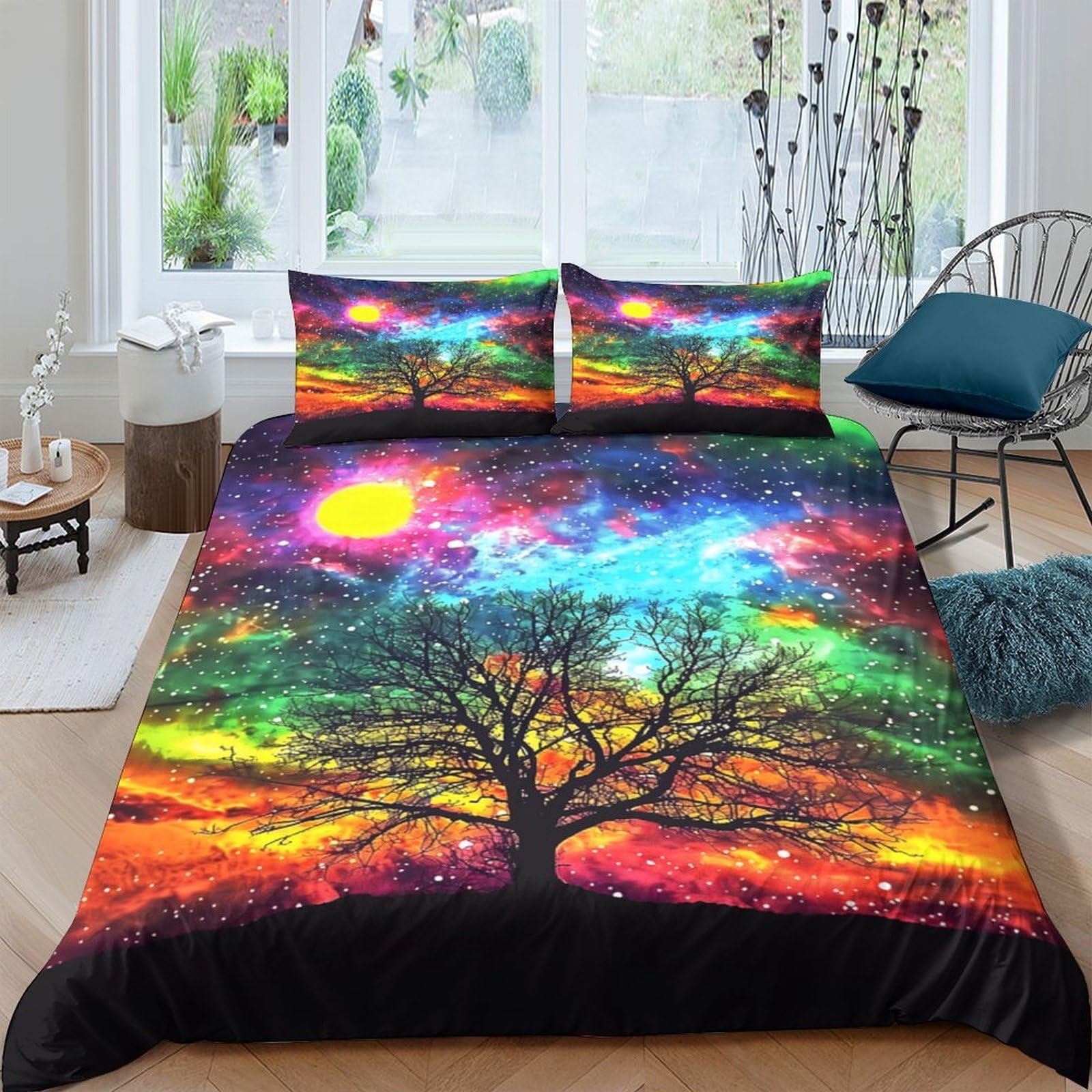 Ctjqhvkz Style-3 3D Printed Rainbow Tree Fitted Sheet Microfiber Soft Colorful Night Sky Bed Cover For Bedroom Guest Room Decor Single（135X200cm）