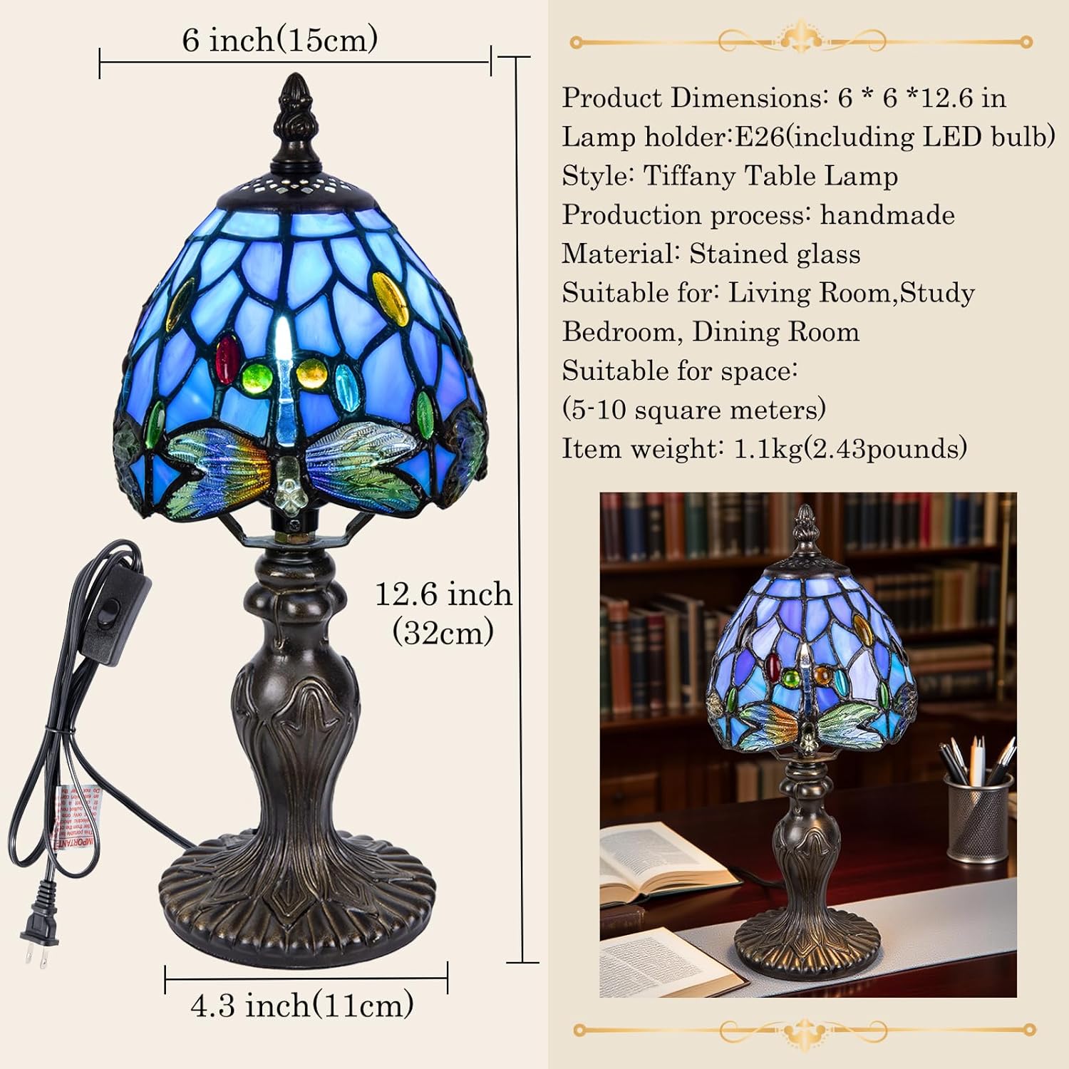 Small Tiffany Table Lamp, 3 Color-Temperature Dragonfly Stained Glass Lamp,6 Inch Tiffany Style Lamp for Bedroom Living Room Home, Handcrafted Light, Included Bulb (Blue)