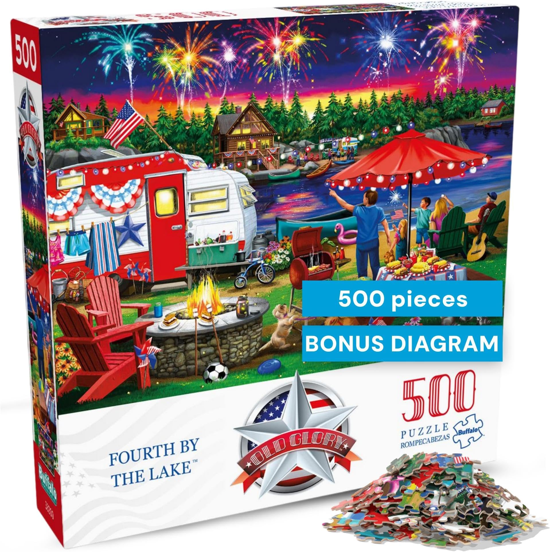 Buffalo Games - Fourth by the Lake - Nancy Wernersbach - 500 Piece Jigsaw Puzzle for Adults - Festive 4th of July Patriotic Puzzle with Fireworks - Finished Size 21.25 x 15.00