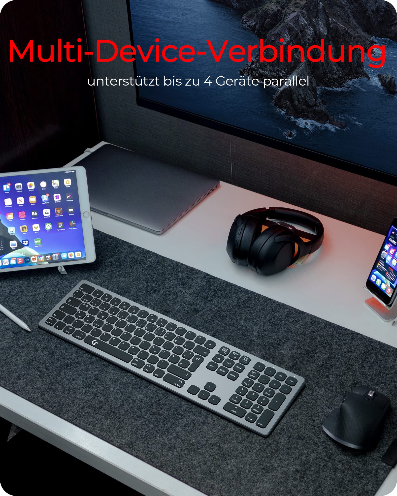 KeySonic Kabellose Bluetooth-Tastatur für Windows/MacOS/Android, Deutsches QWERTZ-Layout, Schwarz
