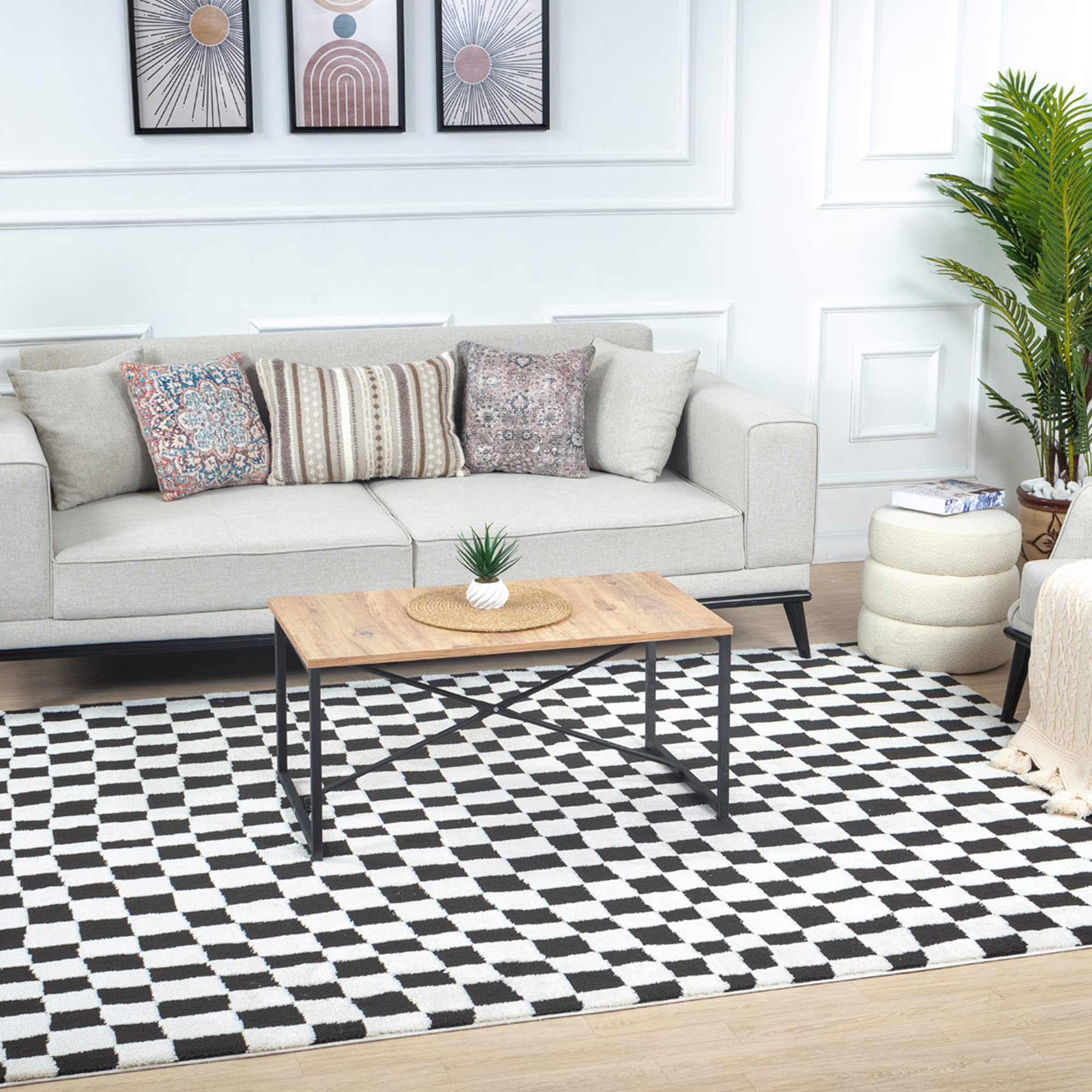 Livabliss IRINA Scandi Modern High Pile Area Rug - Black/Ivory Checkered - 200 x 275 cm - Polyester