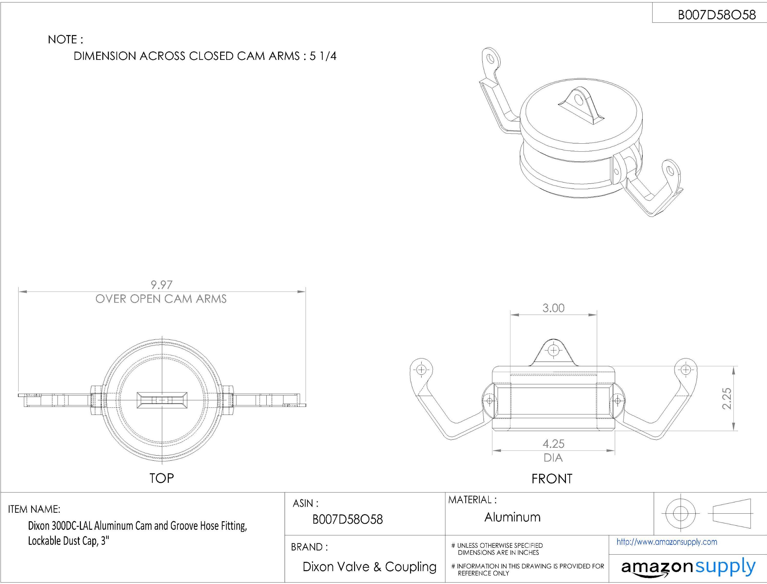 Dixon Valve & Coupling 300DC-LAL - Accesorio de manguera de aluminio para leva y ranura, tapa antipolvo con bloqueo, 3 pulgadas