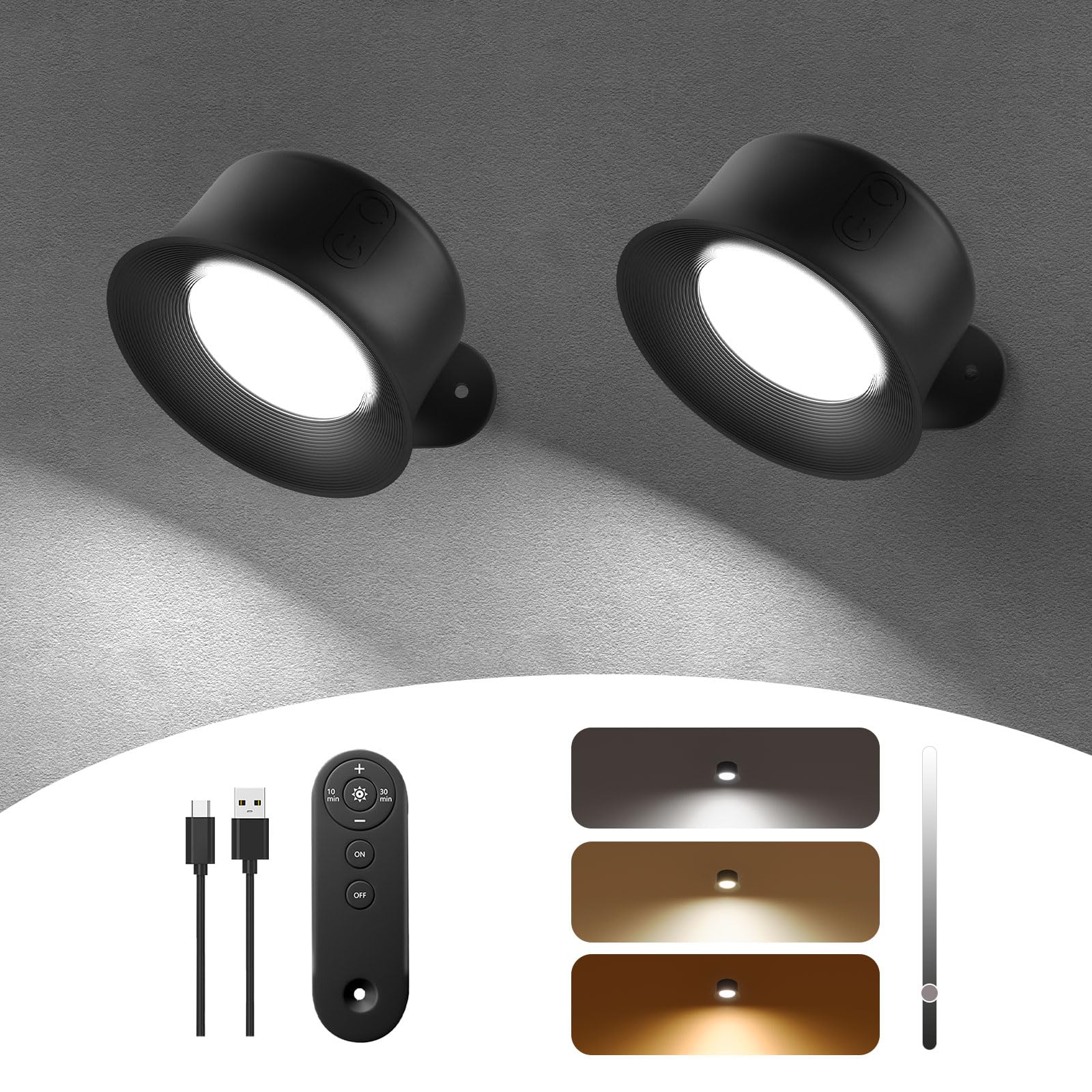 Aplique de Pared Interior, 3200mAh Lámpara de Pared Inalámbrica Recargable, 3 Colores y Brillo Regulable Pared Interior Lámparas de Pared Inalámbricas con Control Remoto Táctil Giratorio de 360°